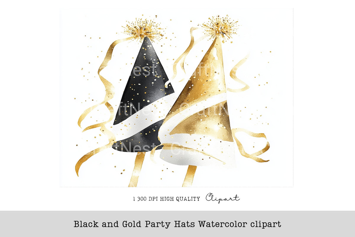 Black And Gold Party Hats Clipart Bundle