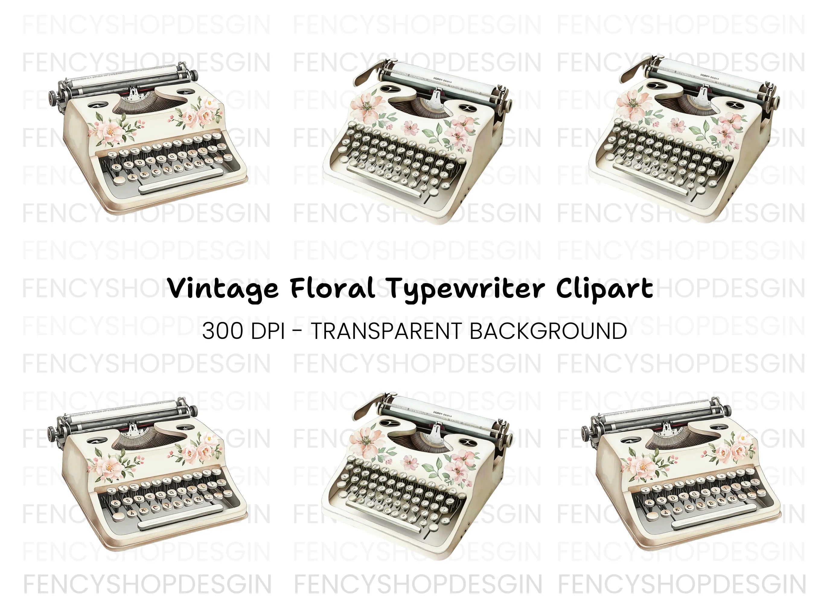 Vintage Floral Typewriter Clipart Bundle