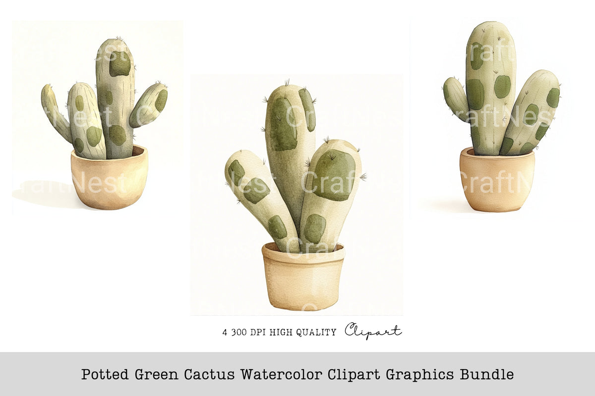 Potted Green Cactus Graphics Clipart Bundle
