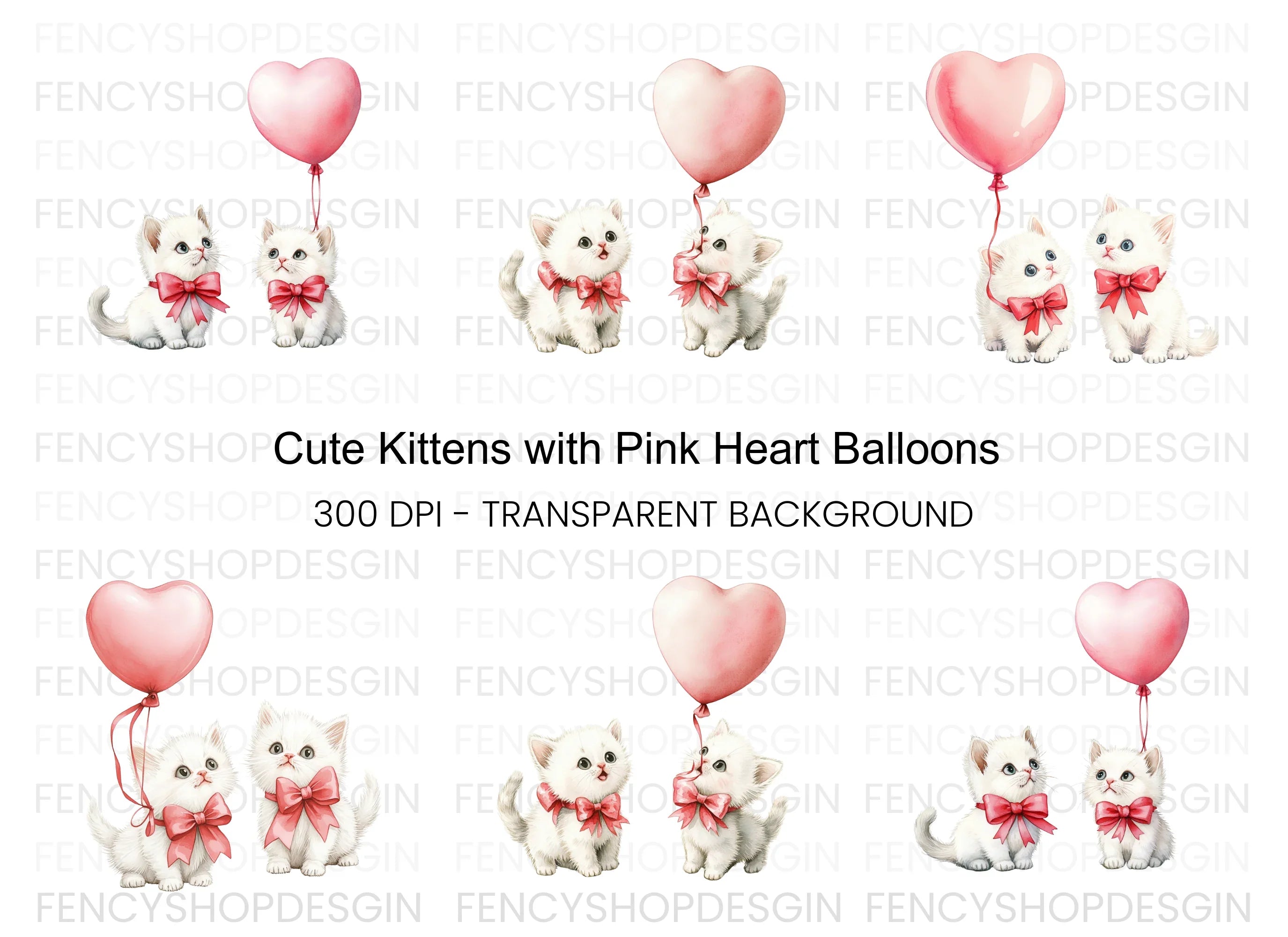 Cute Kittens with Pink Heart Balloons Clipart Bundle