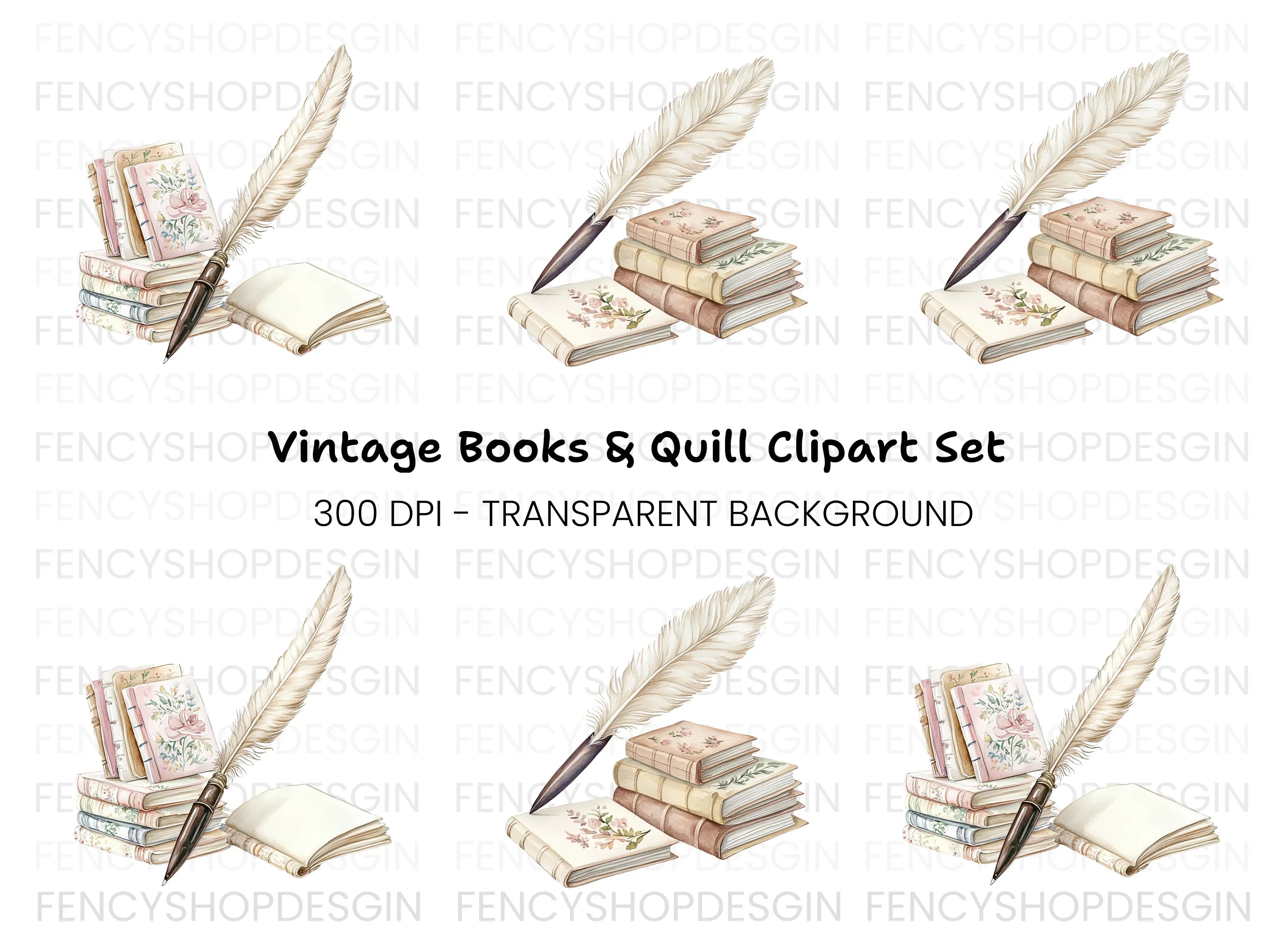 Vintage Books Quill Pen Clipart Bundle