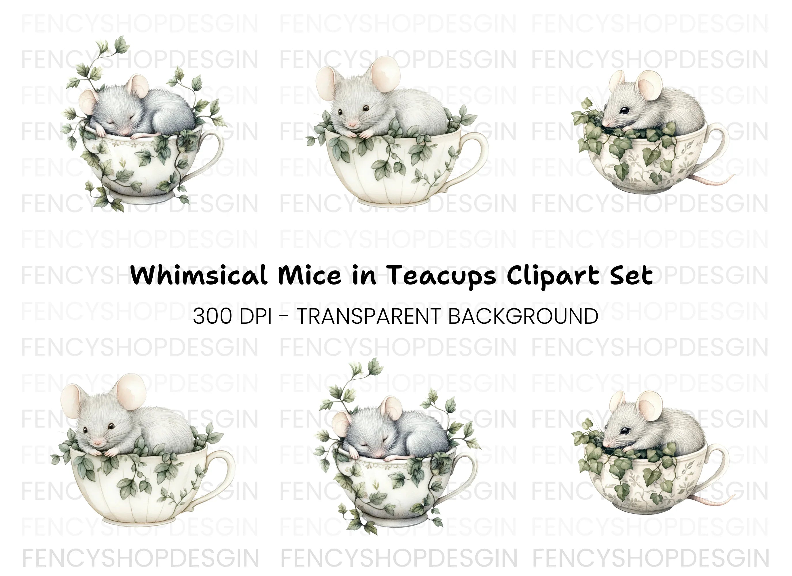Sleeping Mice in Teacups Clipart Bundle