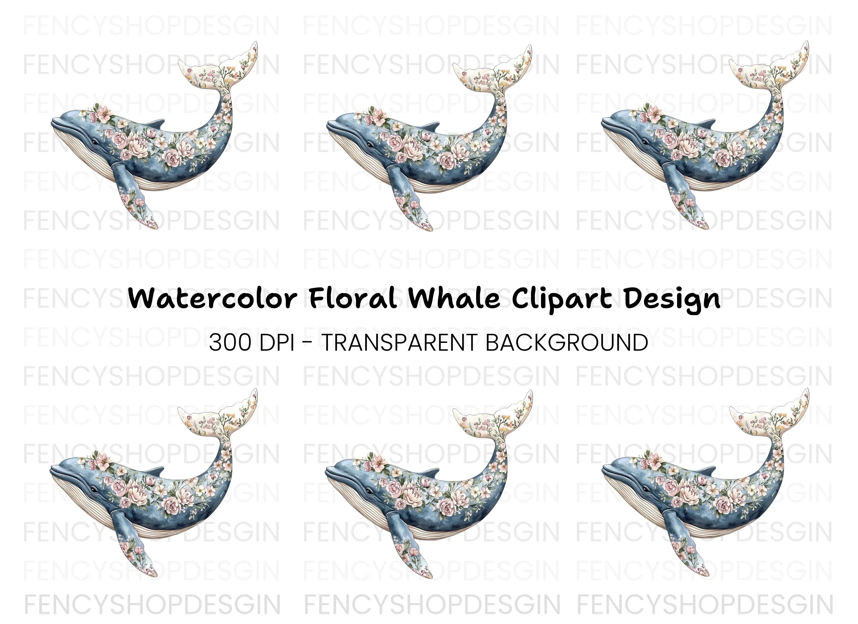 Floral Whale Clipart Bundle