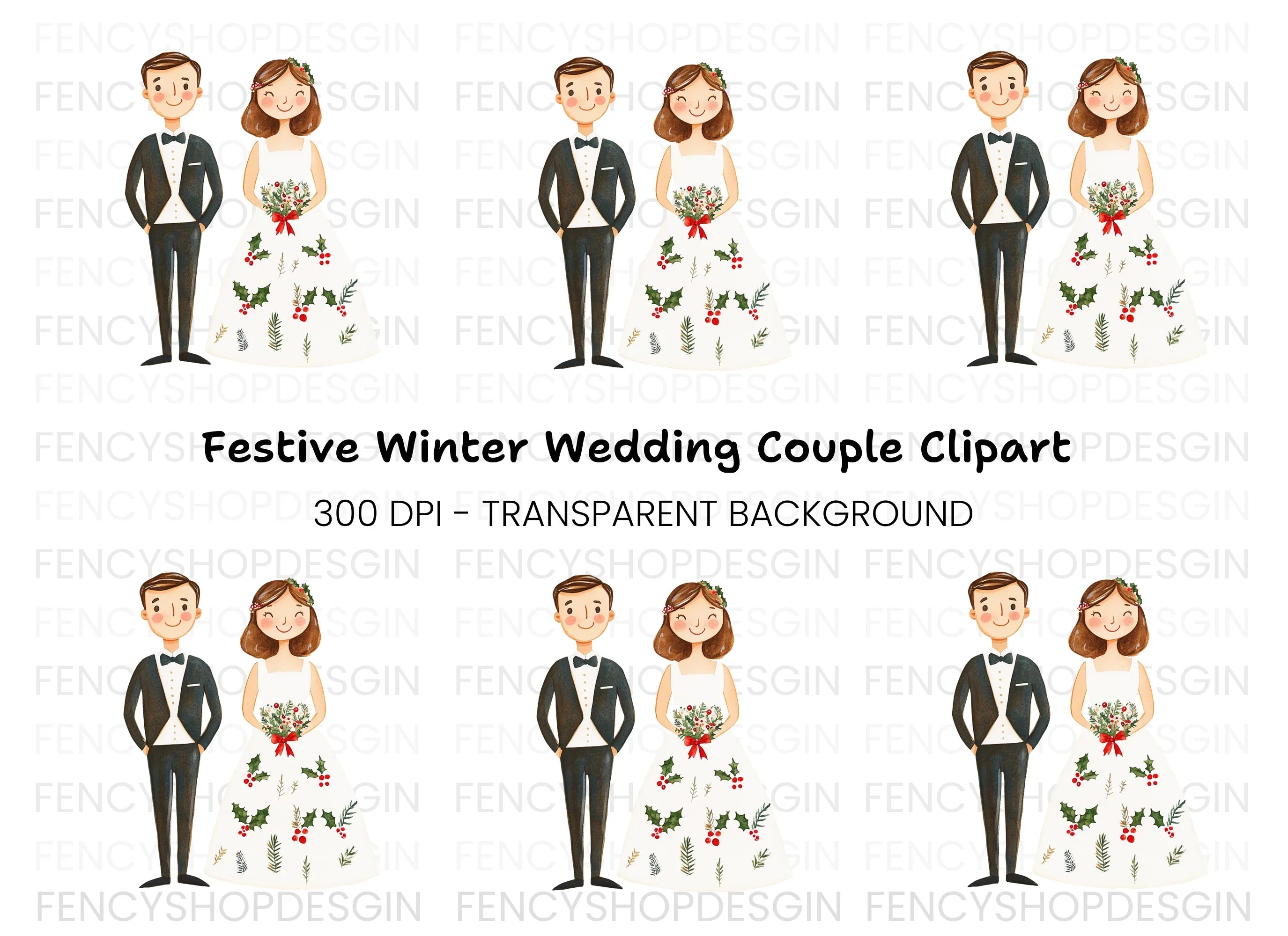 Winter Wedding Couple Clipart Bundle