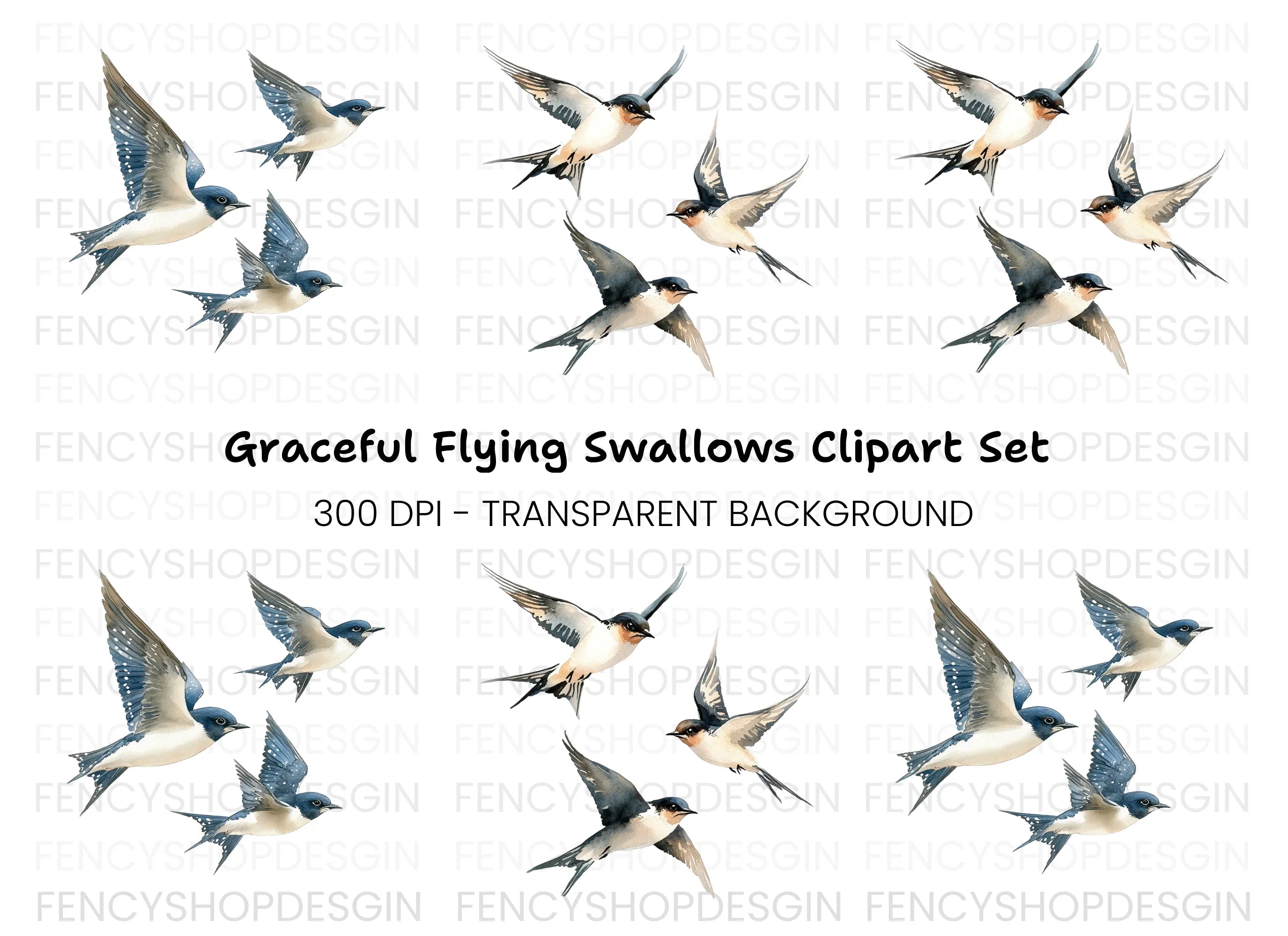 Graceful Swallows Flying Clipart Bundle