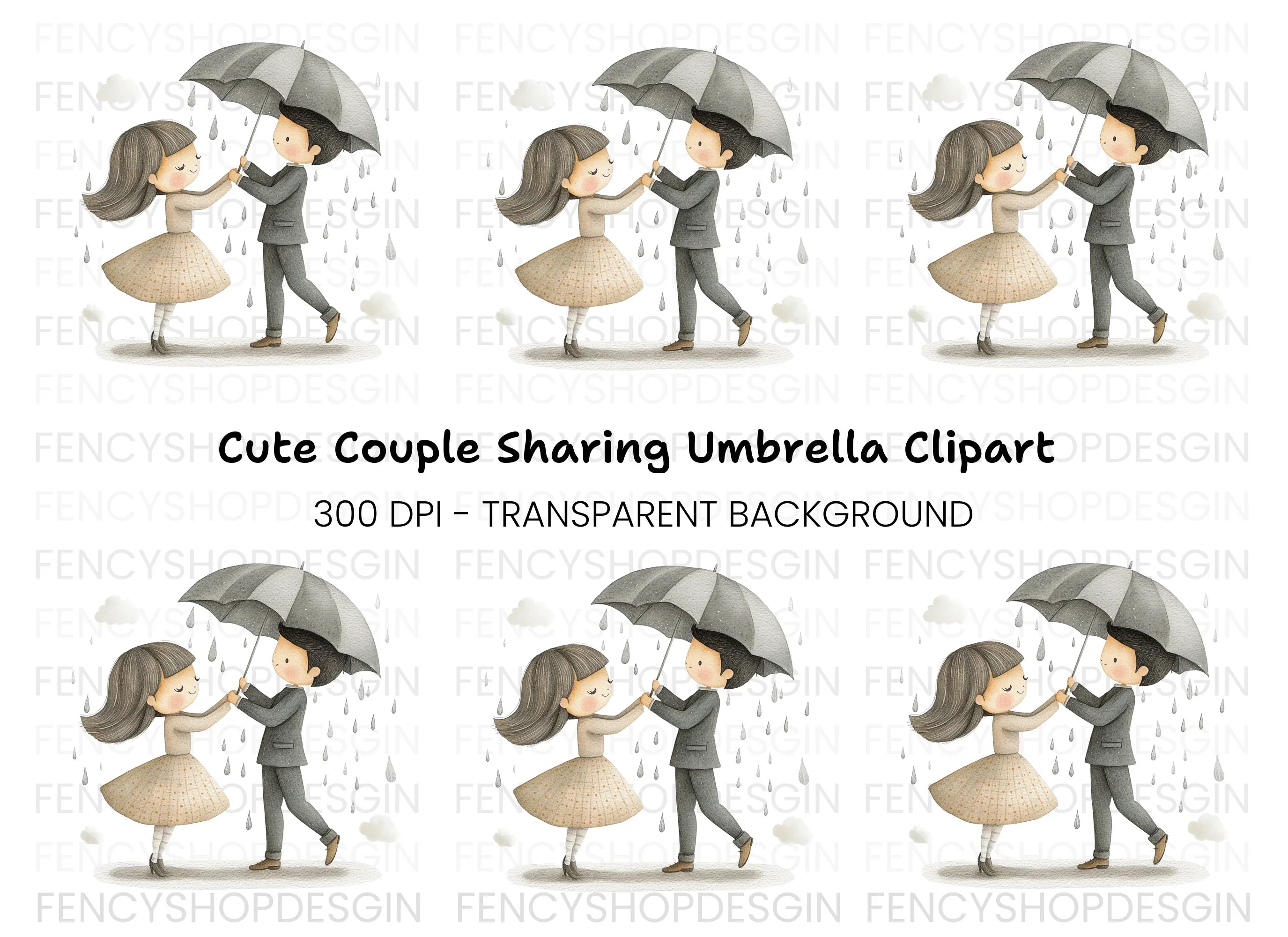Cute Couple Sharing Umbrella Clipart Bundle
