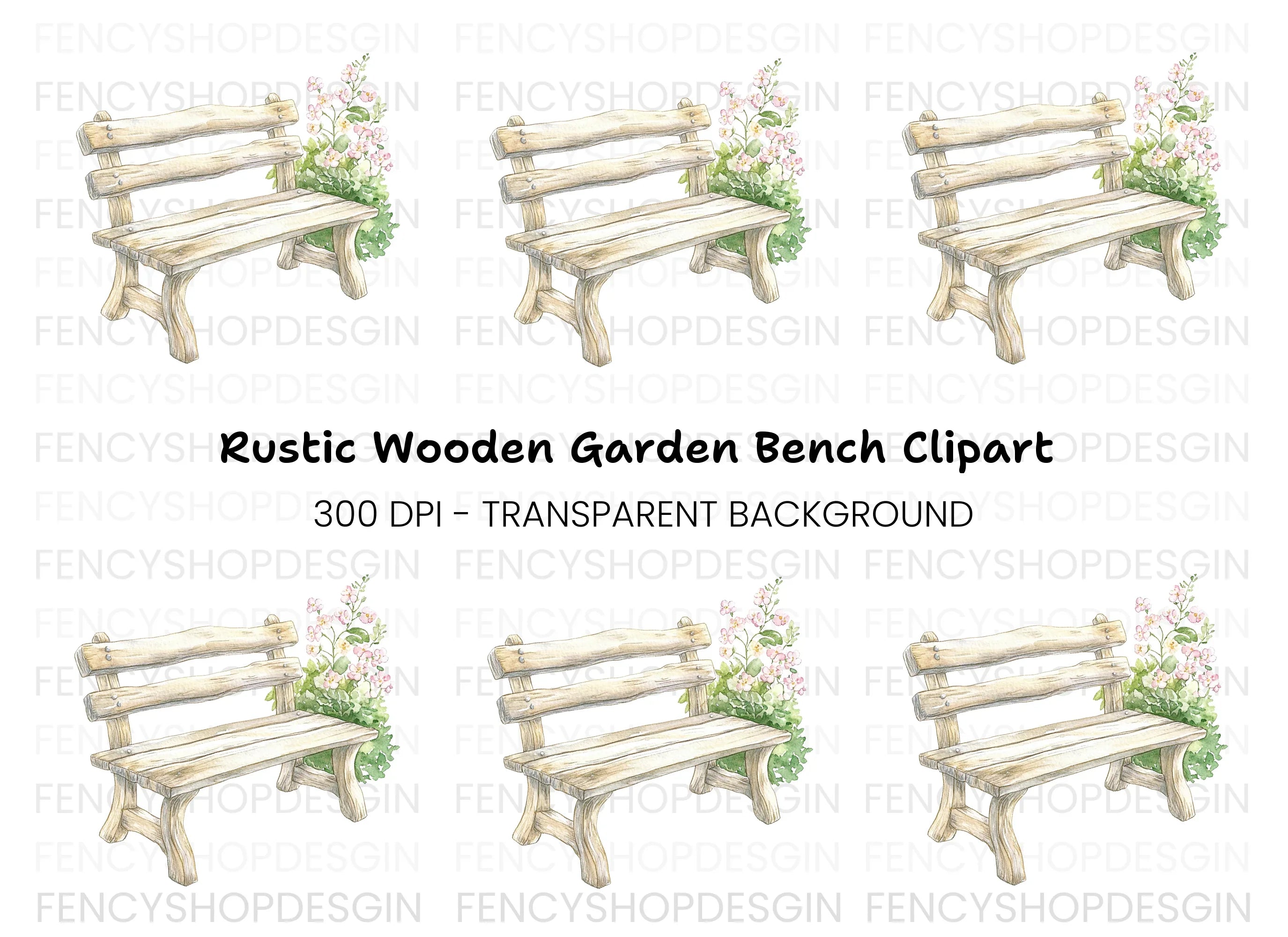 Wooden Bench with Pink Blooms Clipart Bundle