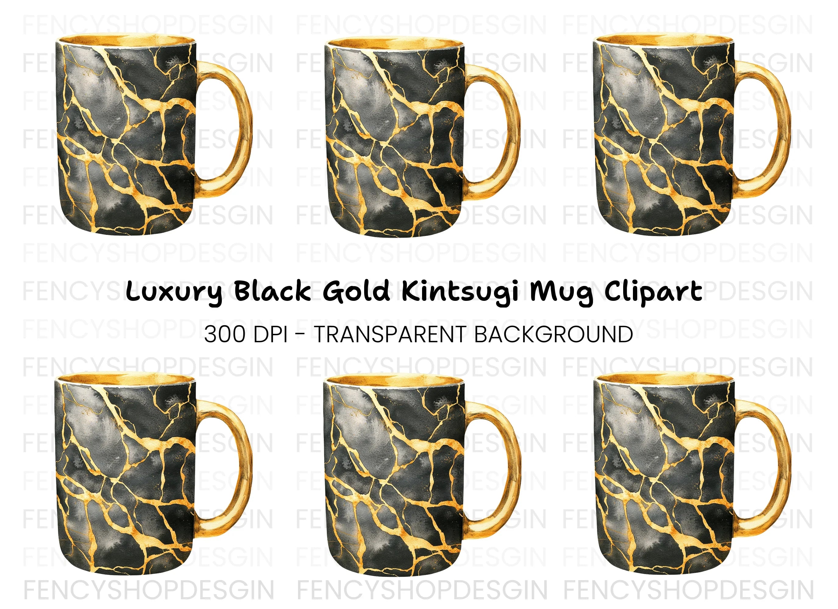 Kintsugi Gold Cracked Black Clipart Bundle