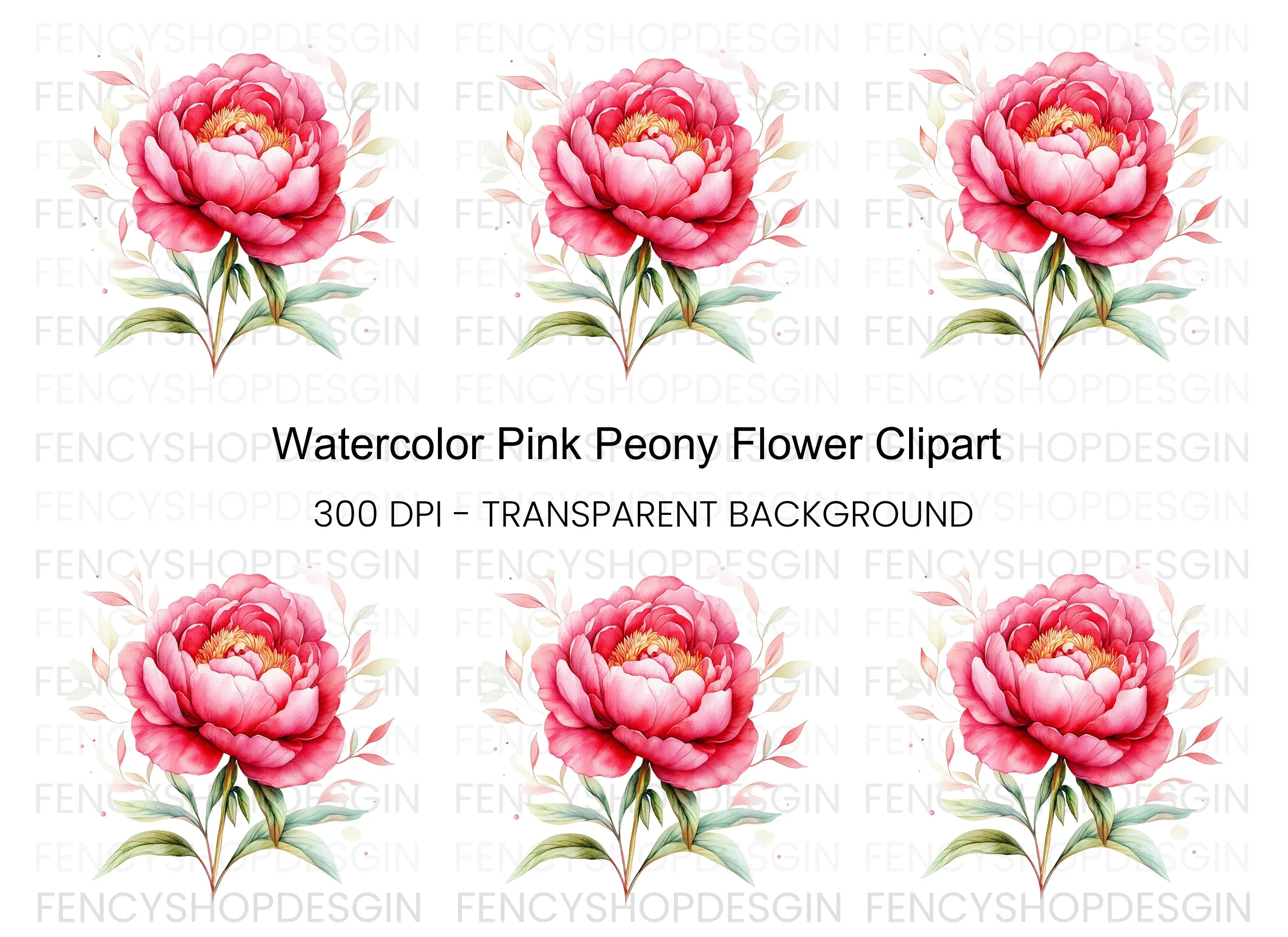 Vibrant Pink Peony Flower Clipart Bundle