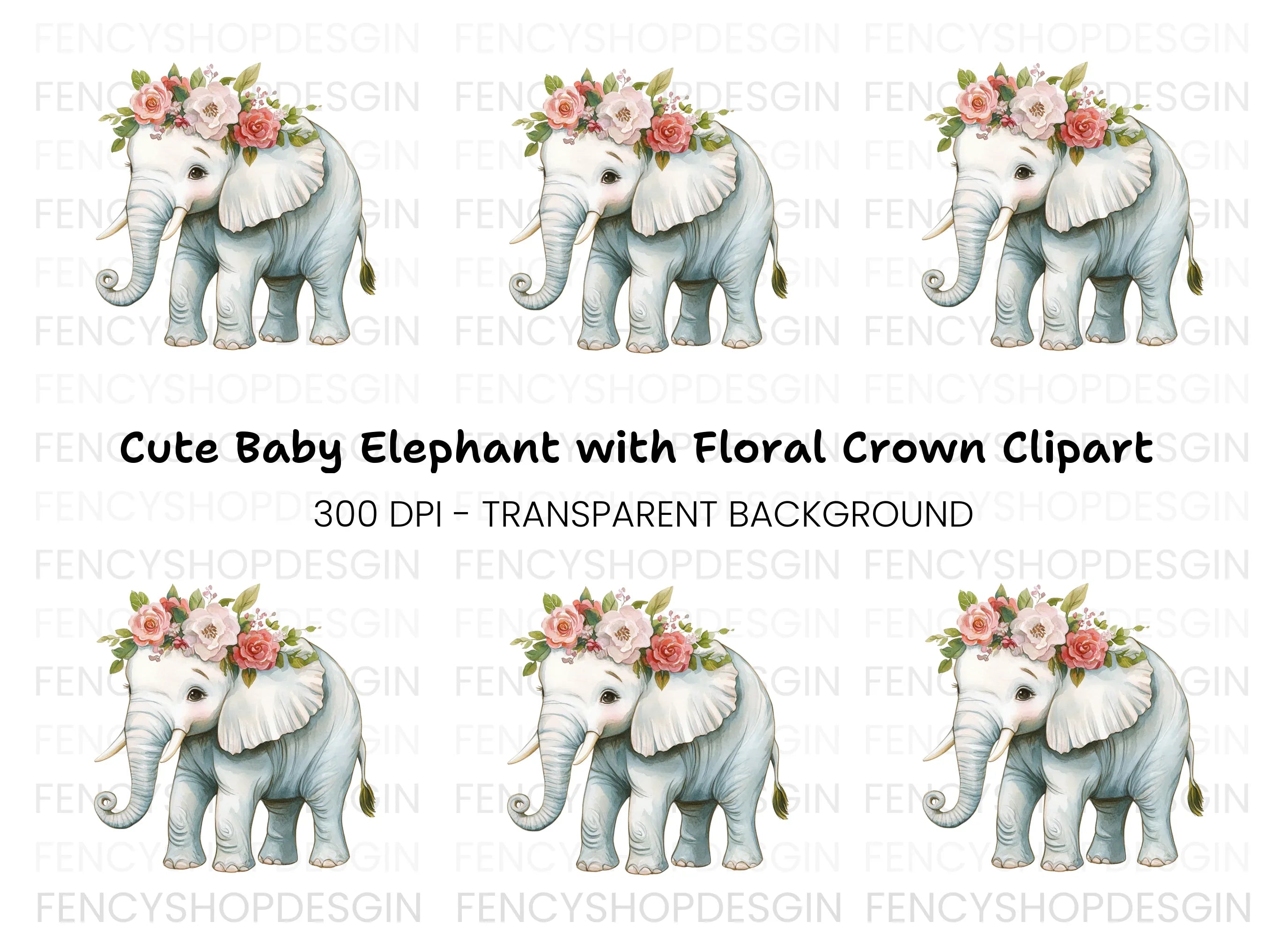 Cute Elephant with Flower Crown Clipart Bundle