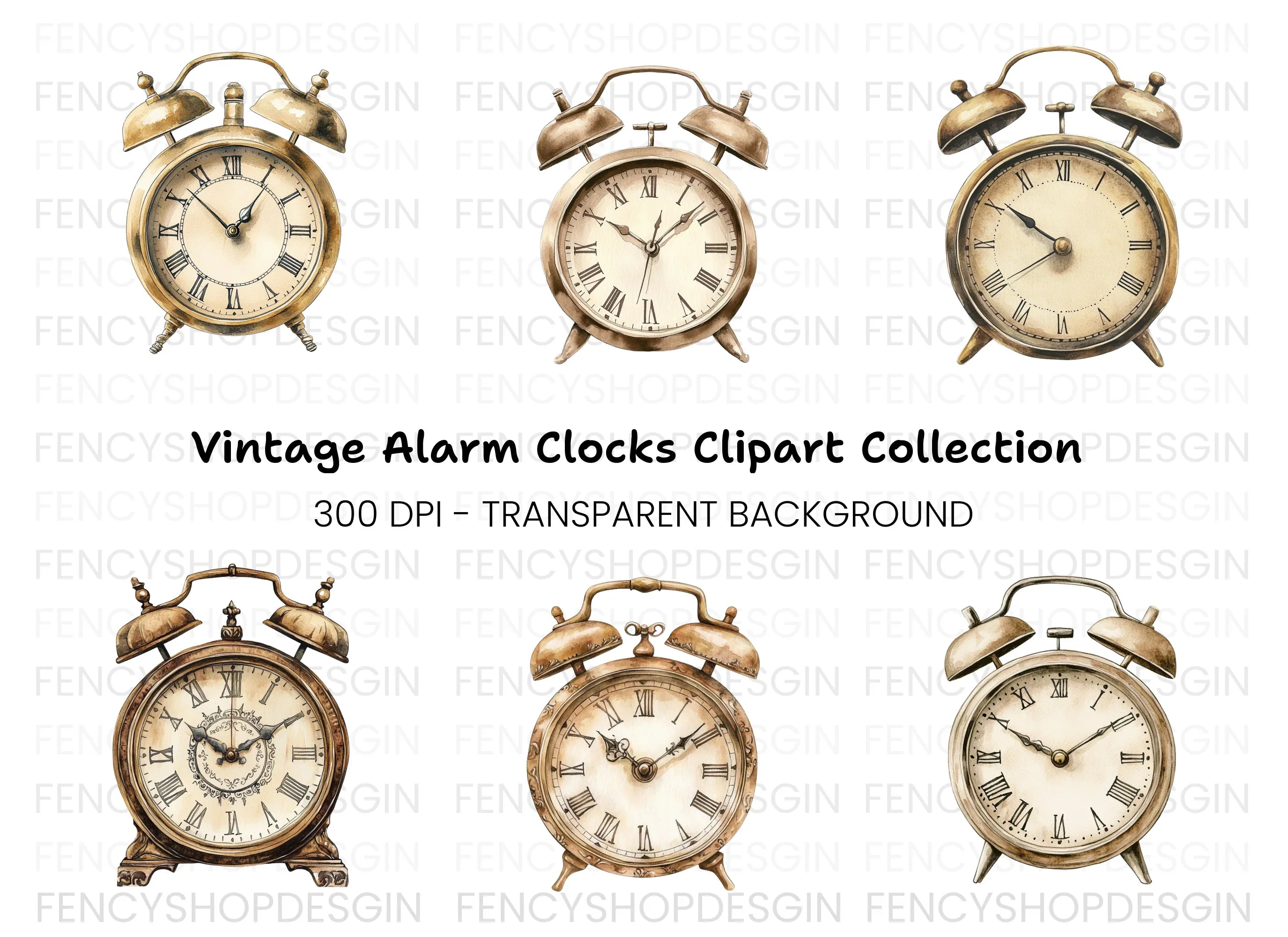 Vintage Alarm Clocks Clipart Bundle