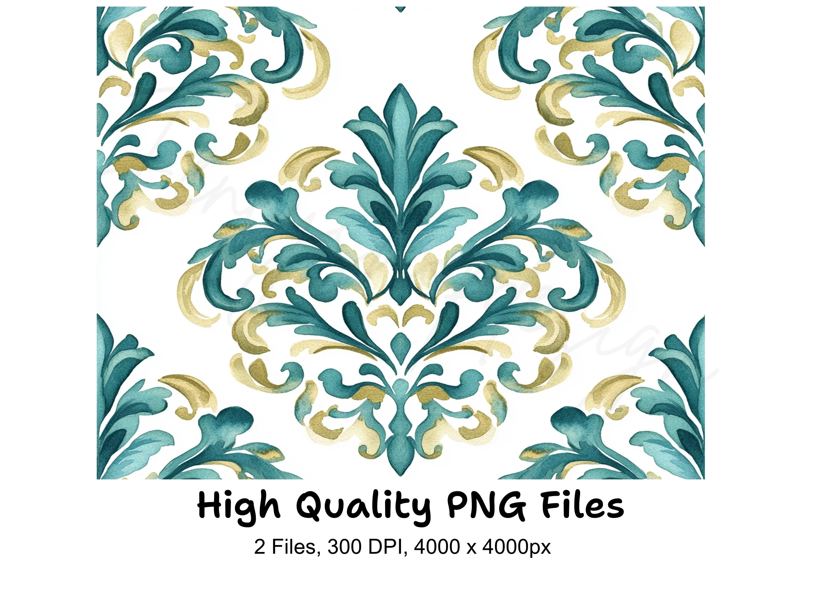 Elegant Teal Gold Damask Pattern Clipart Bundle
