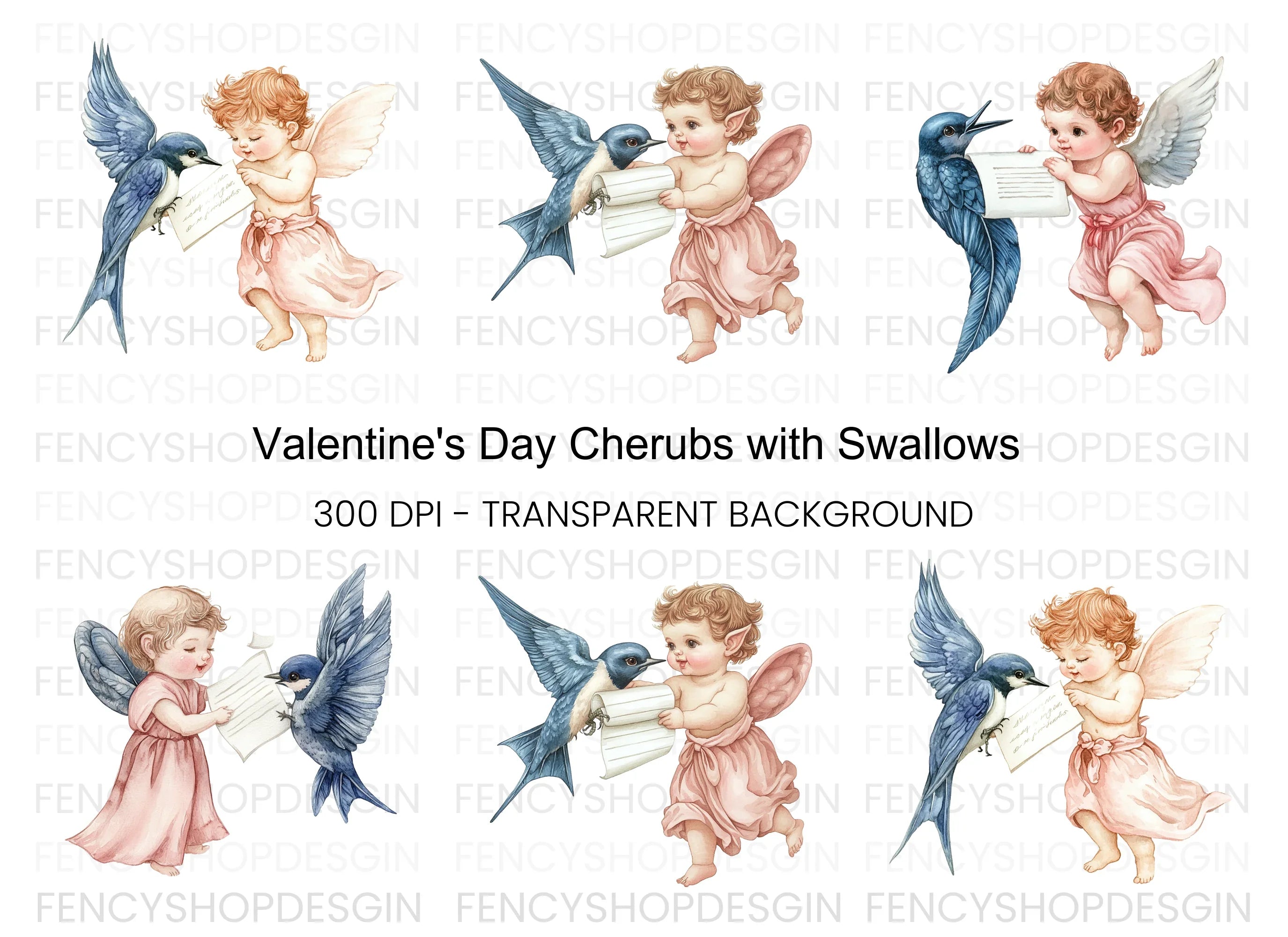 Cute Cherubs with Birds and Scrolls Clipart Bundle