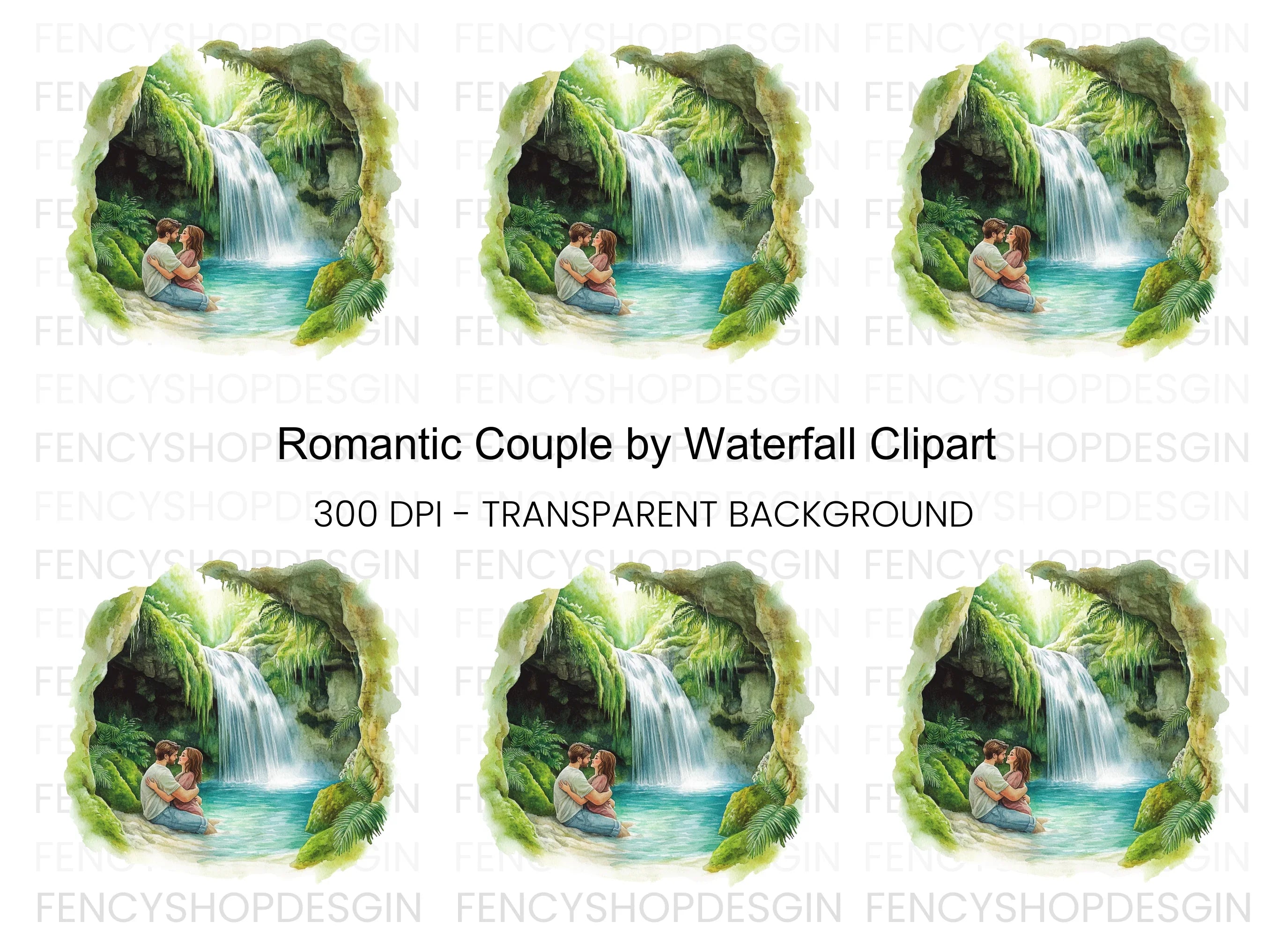Romantic Couple Jungle Waterfall Clipart Bundle