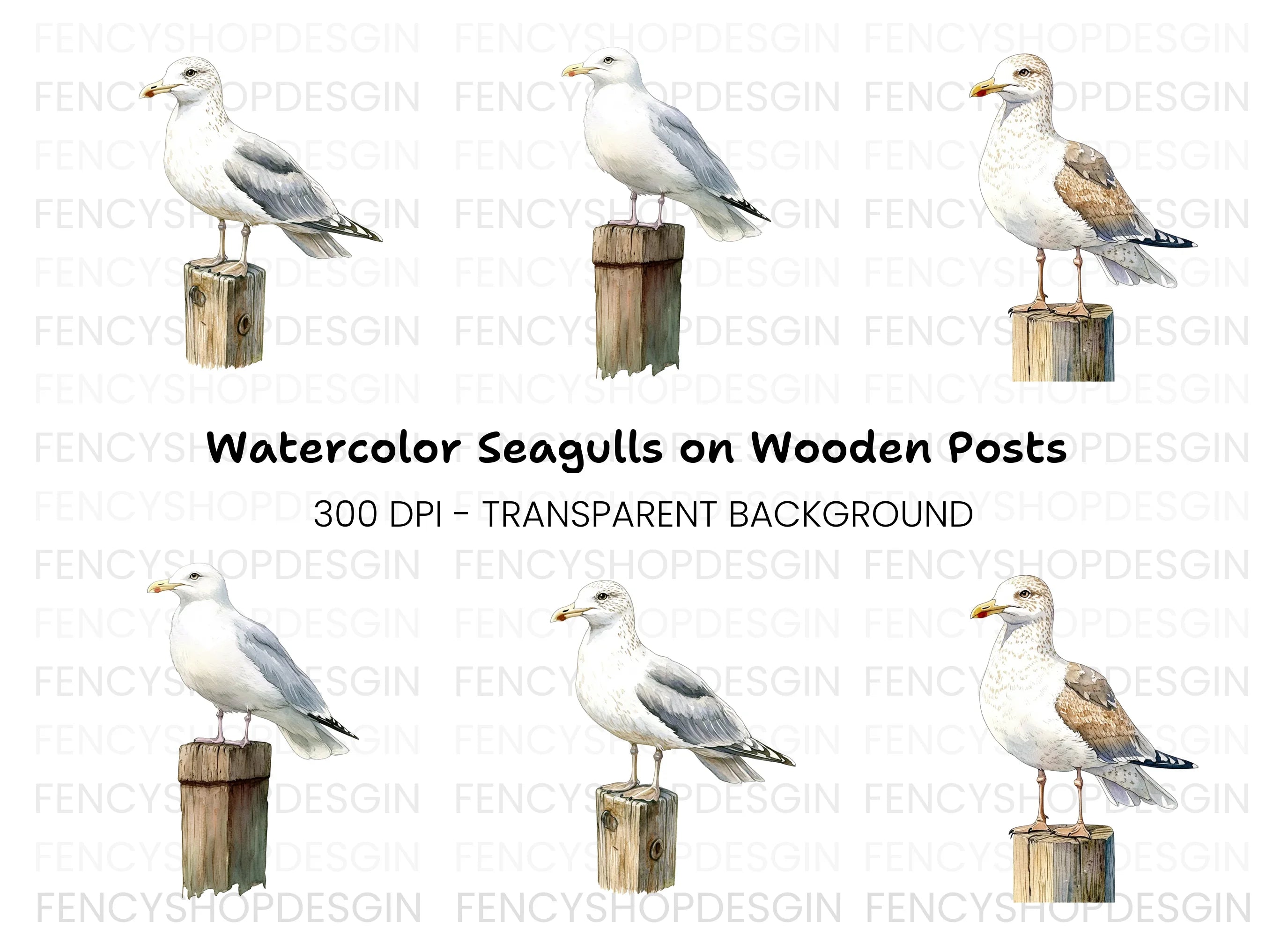 Seagulls on Wooden Posts Clipart Bundle