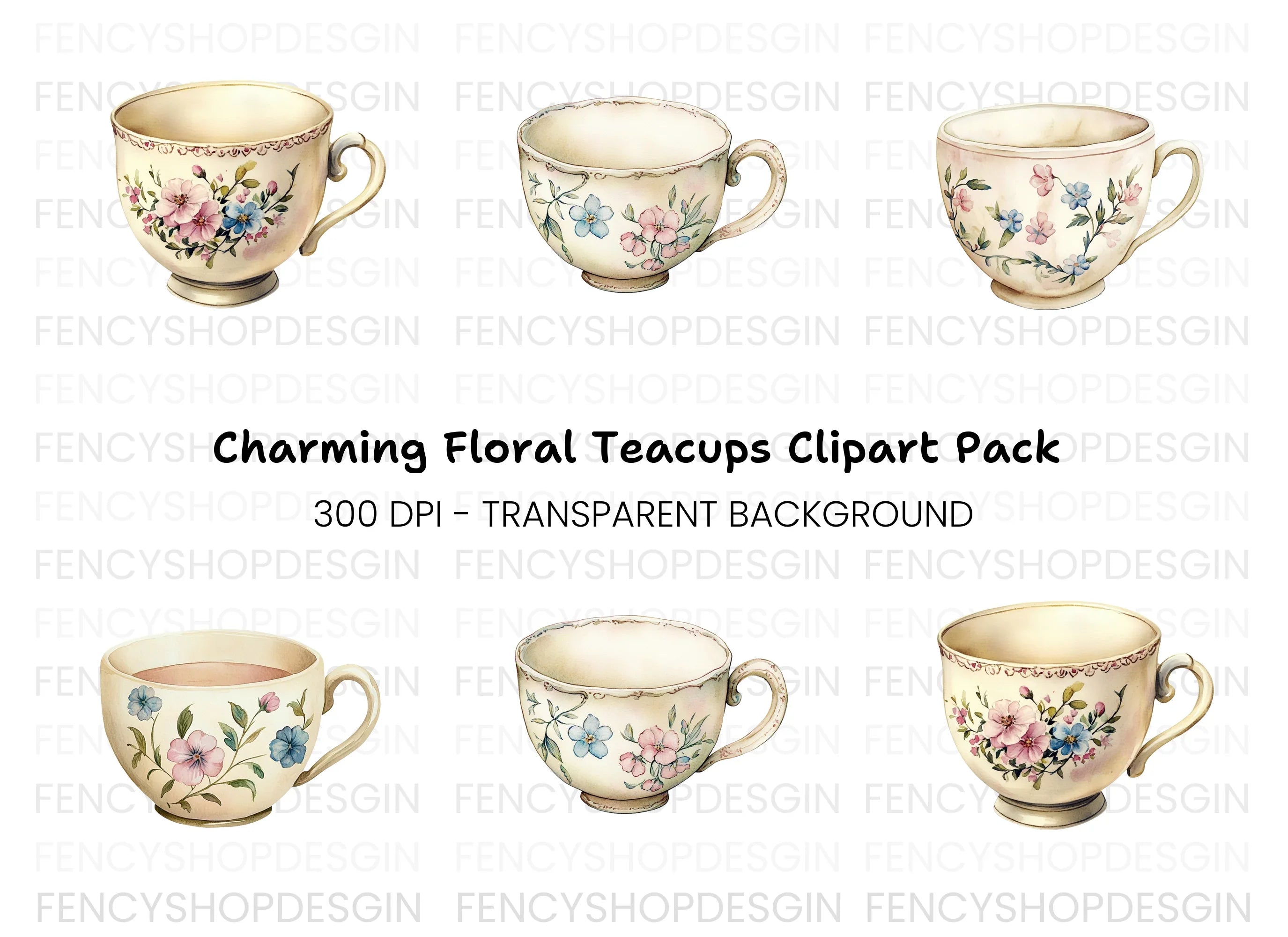 Vintage Floral Teacups Clipart Bundle