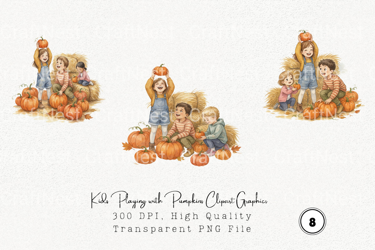 Kids Playing With Pumpkins Graphics Clipart Bundle