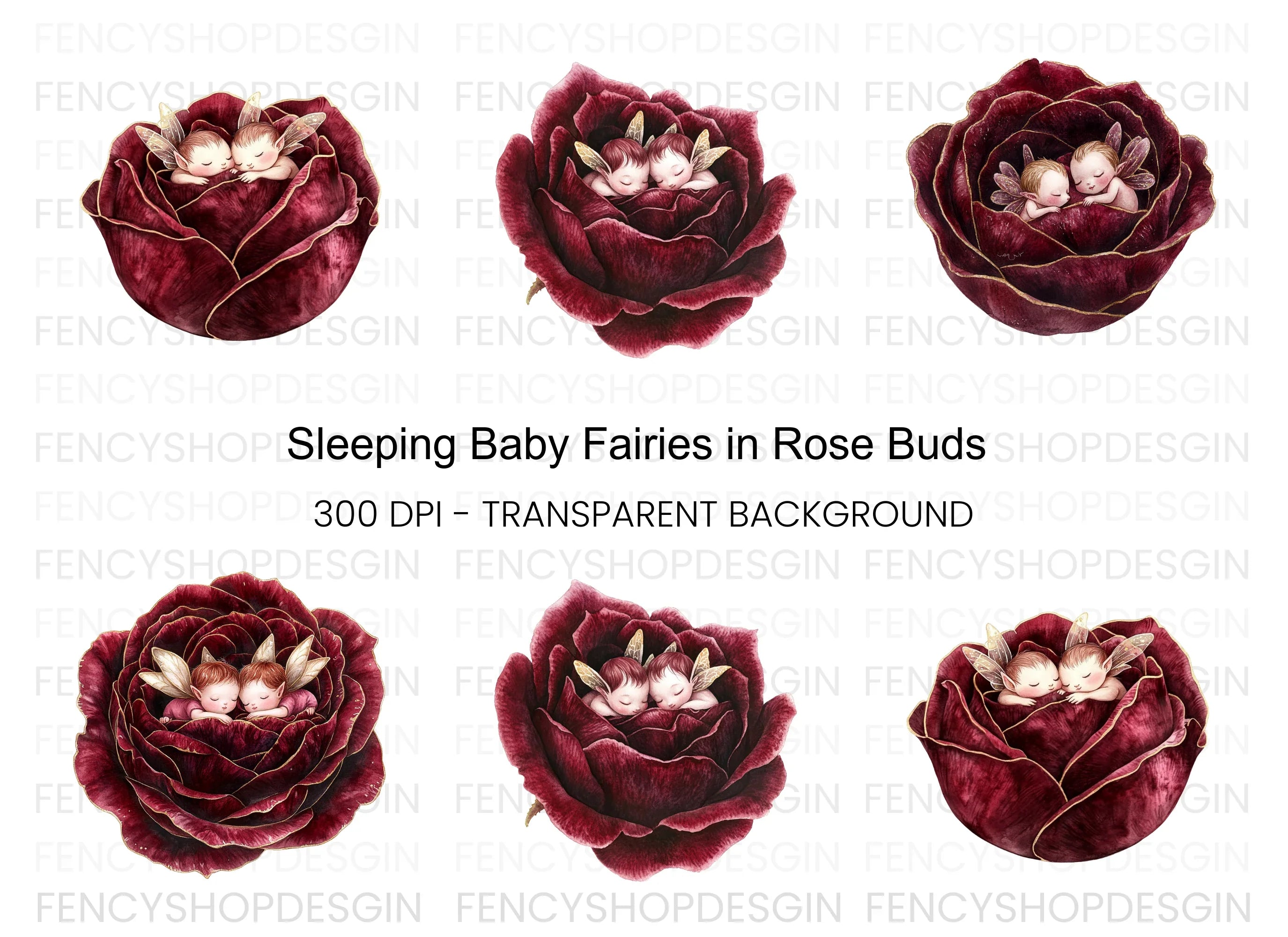 Sleeping Baby Fairies in Dark Roses Clipart Bundle