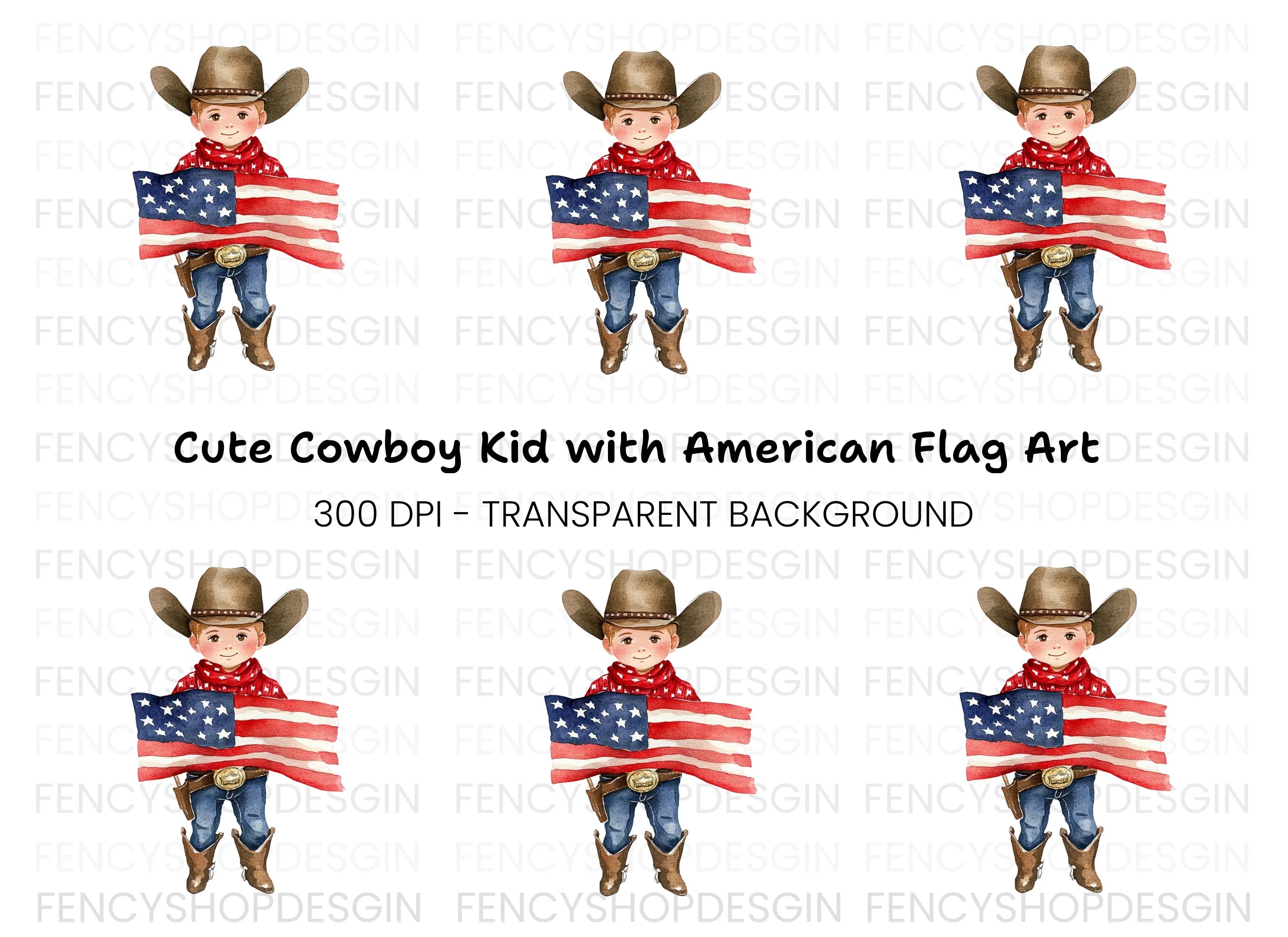 Patriotic Cowboy Kid with US Flag Clipart Bundle