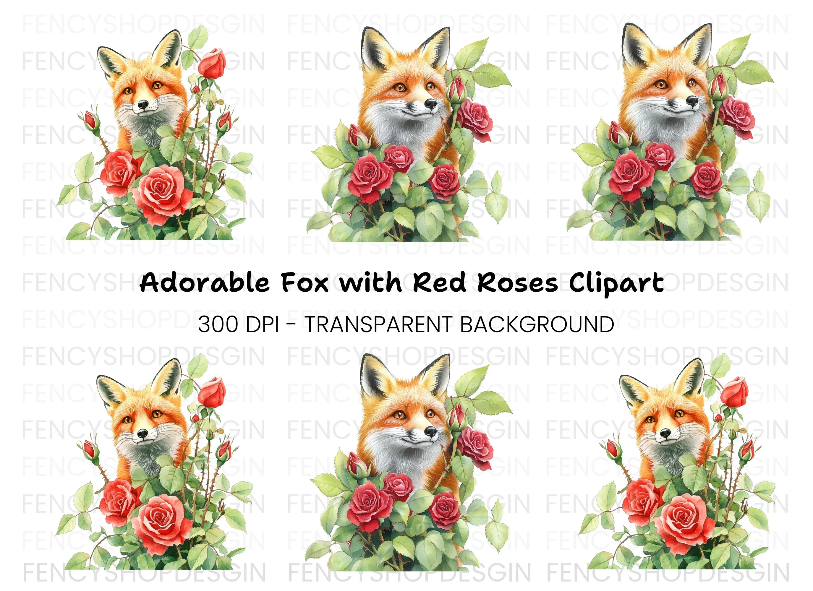 Charming Fox and Red Roses Clipart Bundle