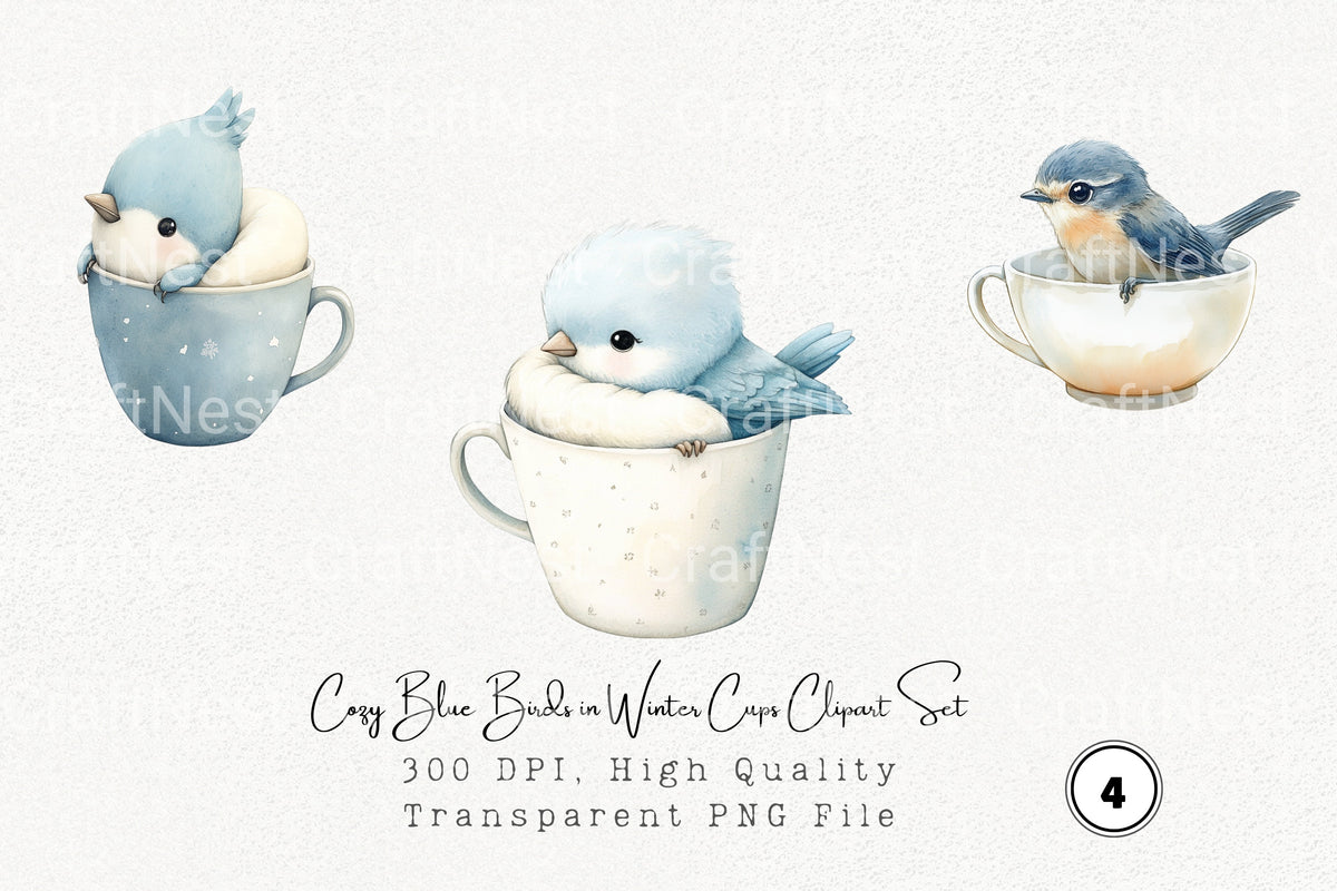 Cozy Blue Birds In Winter Cups Clipart Bundle