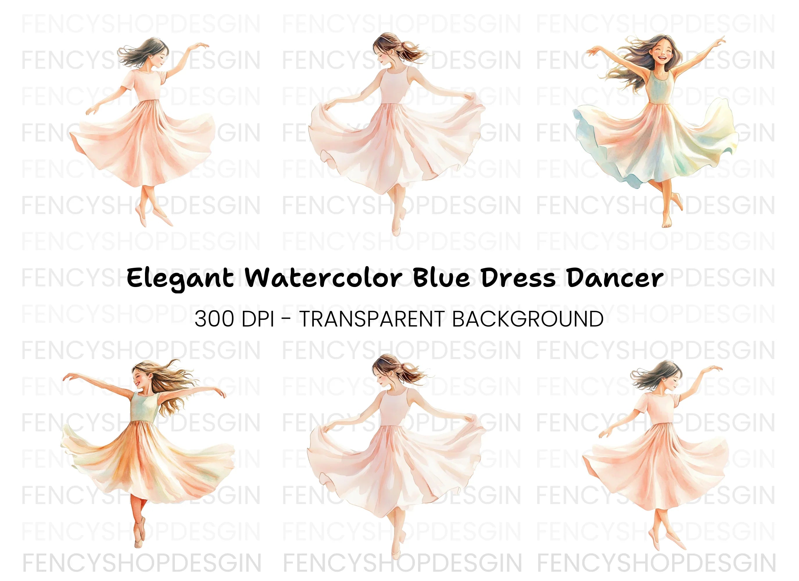 Joyful Girls Dancing in Flowing Dresses Clipart Bundle