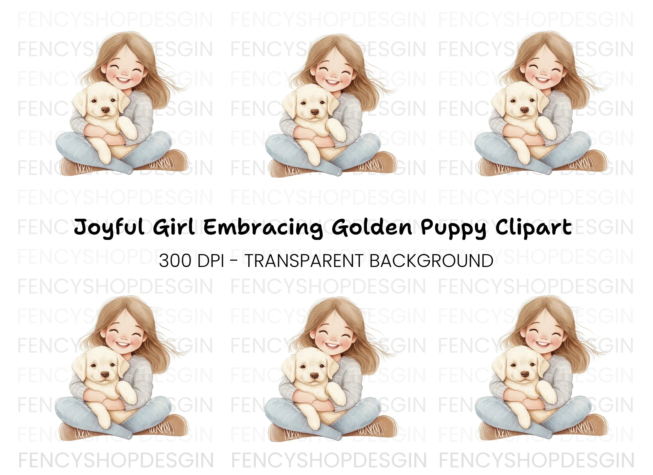 Happy Girl Cuddling Puppy Clipart Bundle