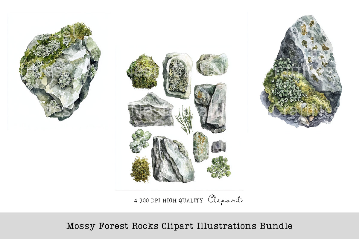 Mossy Forest Rocks Illustrations Clipart Bundle