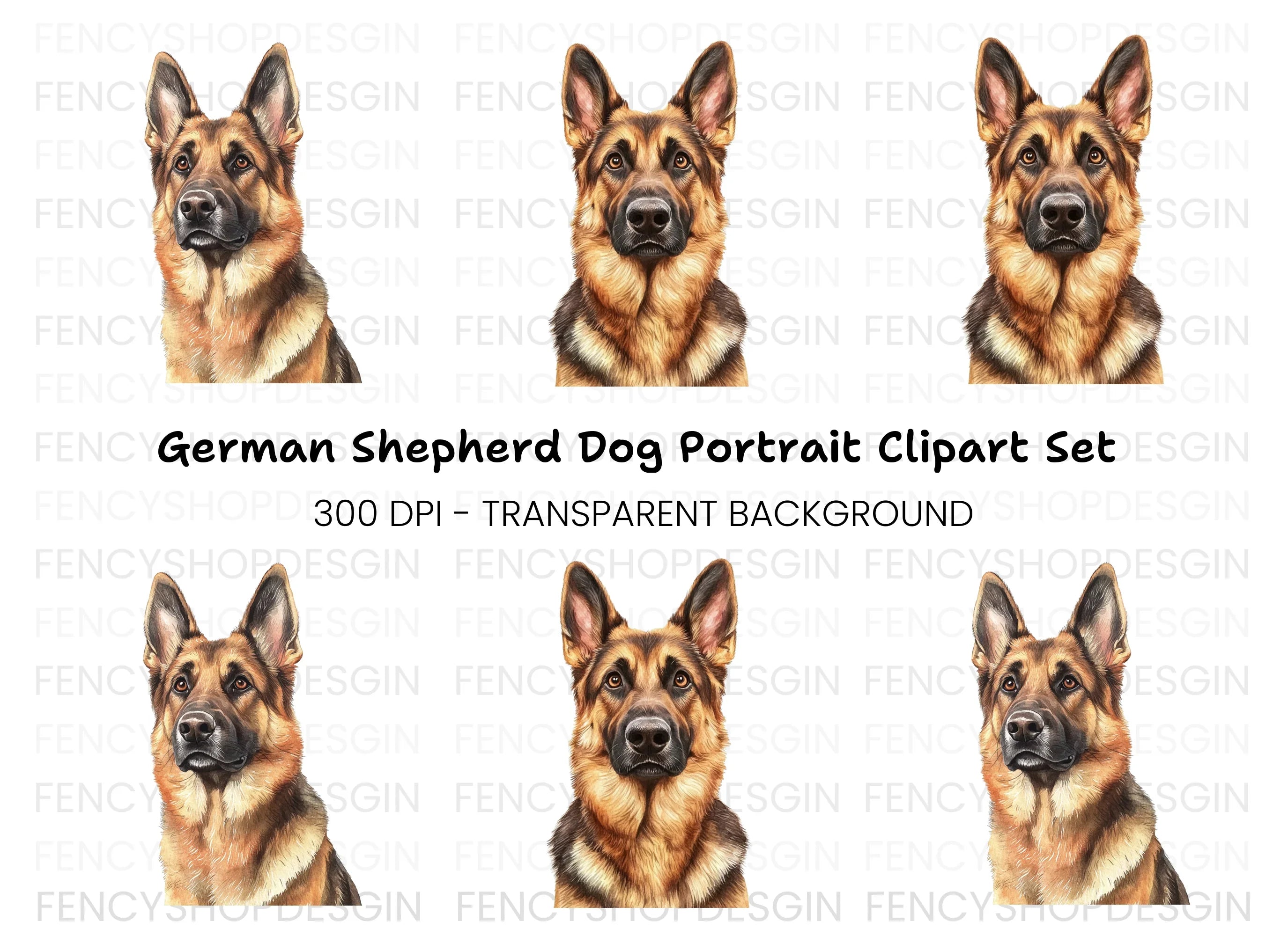 German Shepherd Dog Head Portraits Clipart Bundle