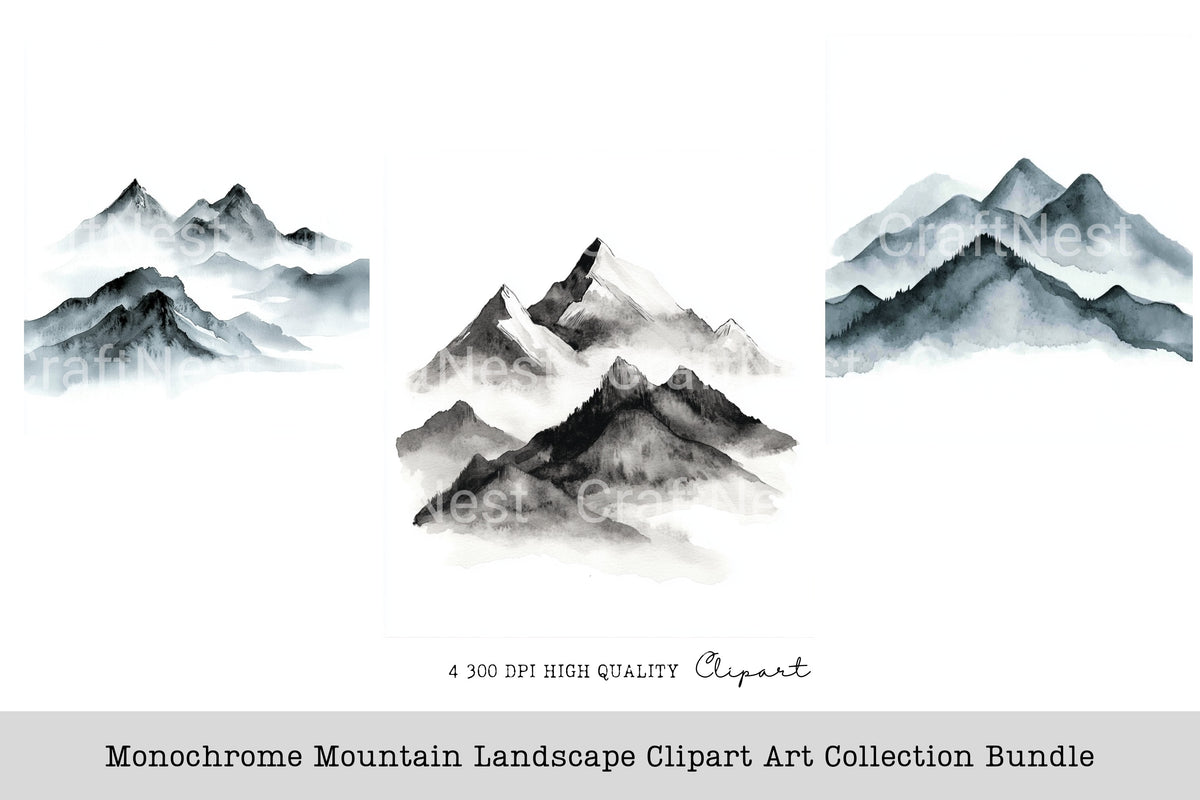 Monochrome Mountain Landscape Clipart Bundle