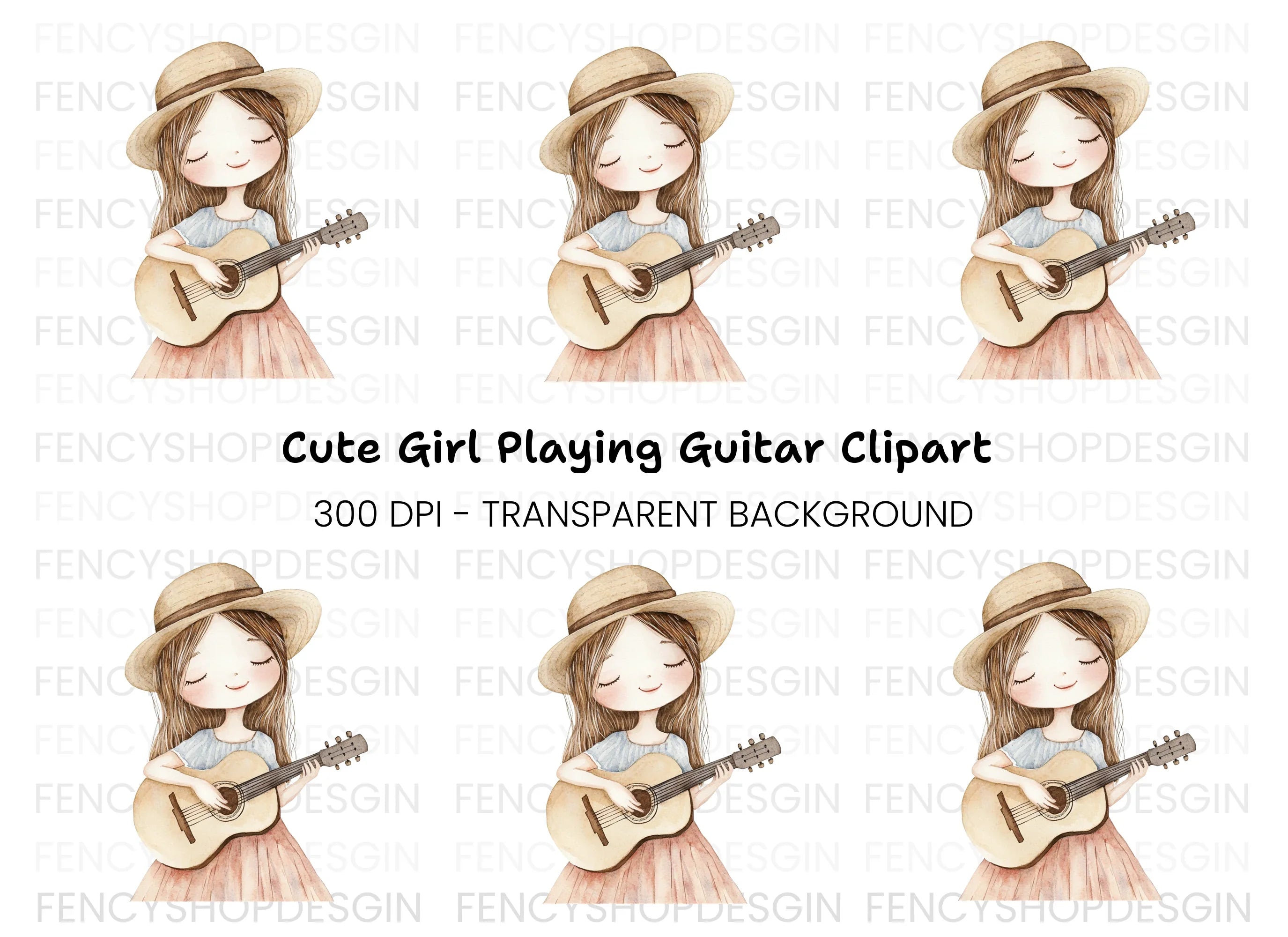 Cute Girl Playing Guitar Clipart Bundle