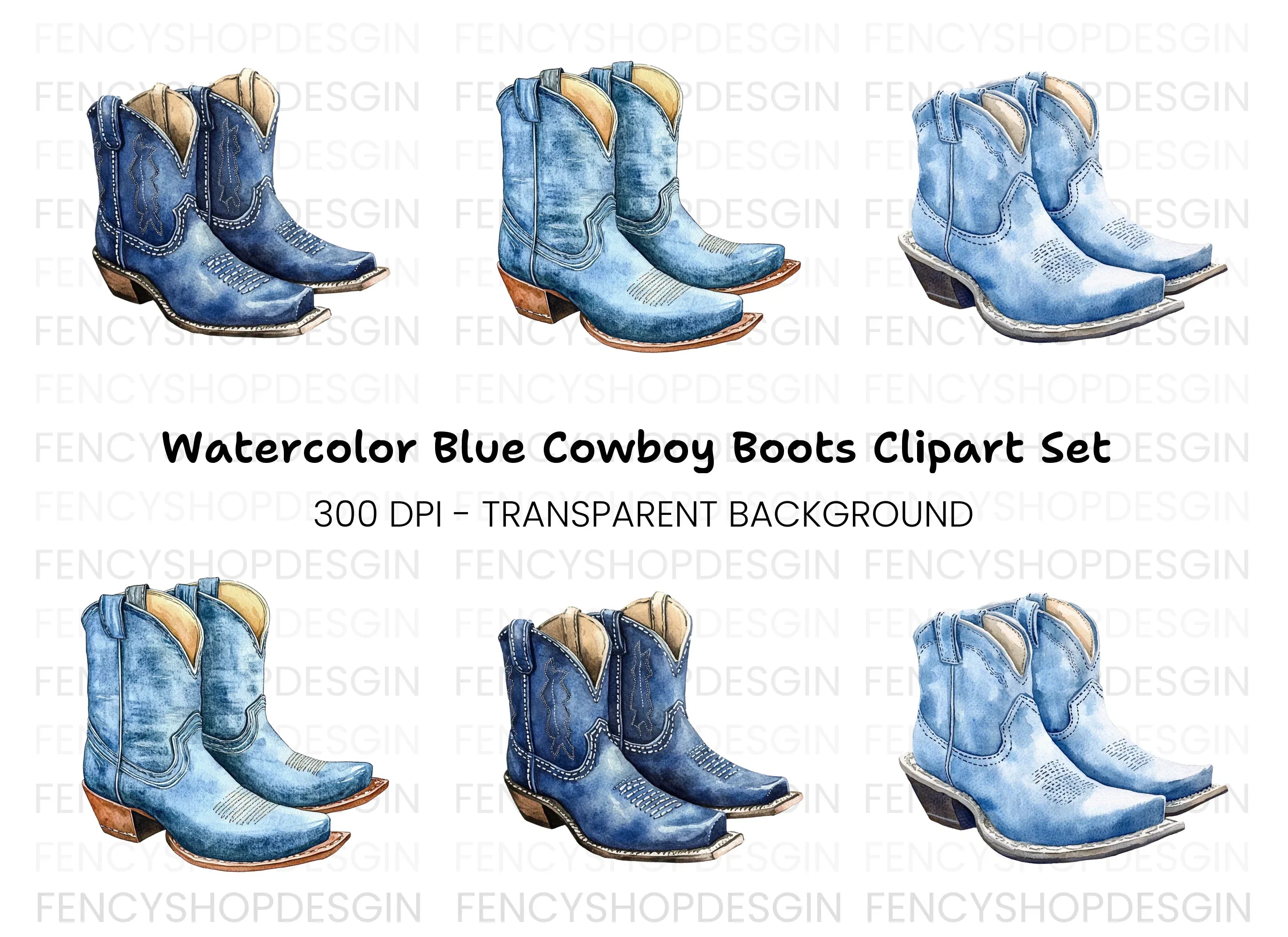 Denim Blue Cowboy Boots Clipart Bundle