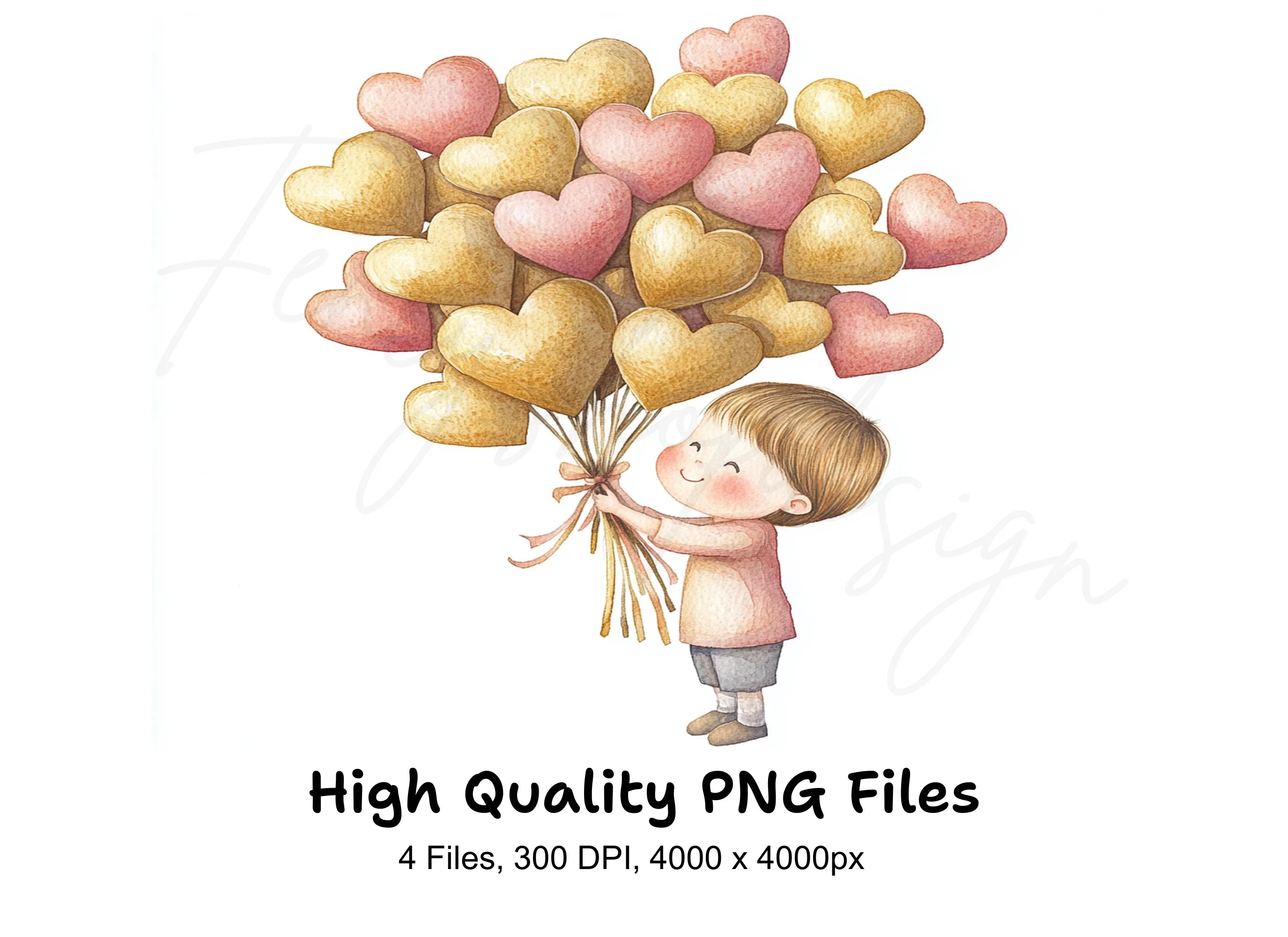 Cute Kids Holding Heart Balloons Clipart Bundle