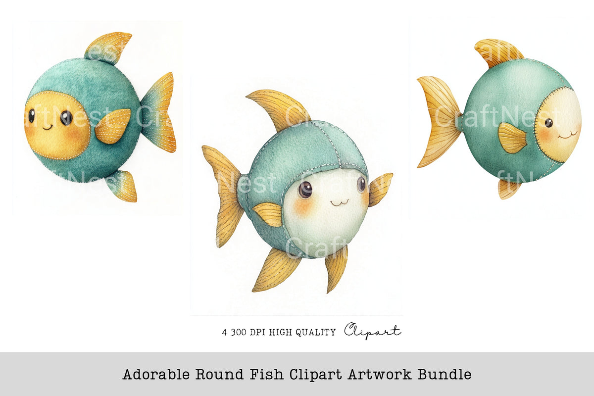 Adorable Round Fish Artwork Clipart Bundle