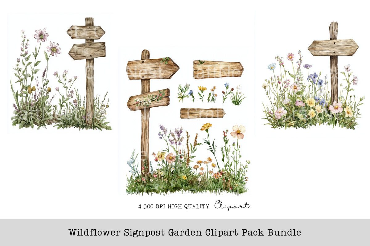 Wildflower Signpost Garden Clipart Bundle
