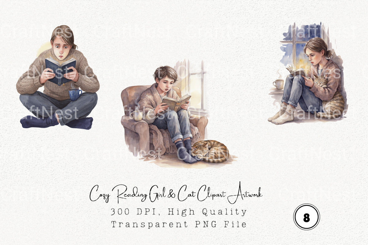 Cozy Reading Girl Cat Artwork Clipart Bundle