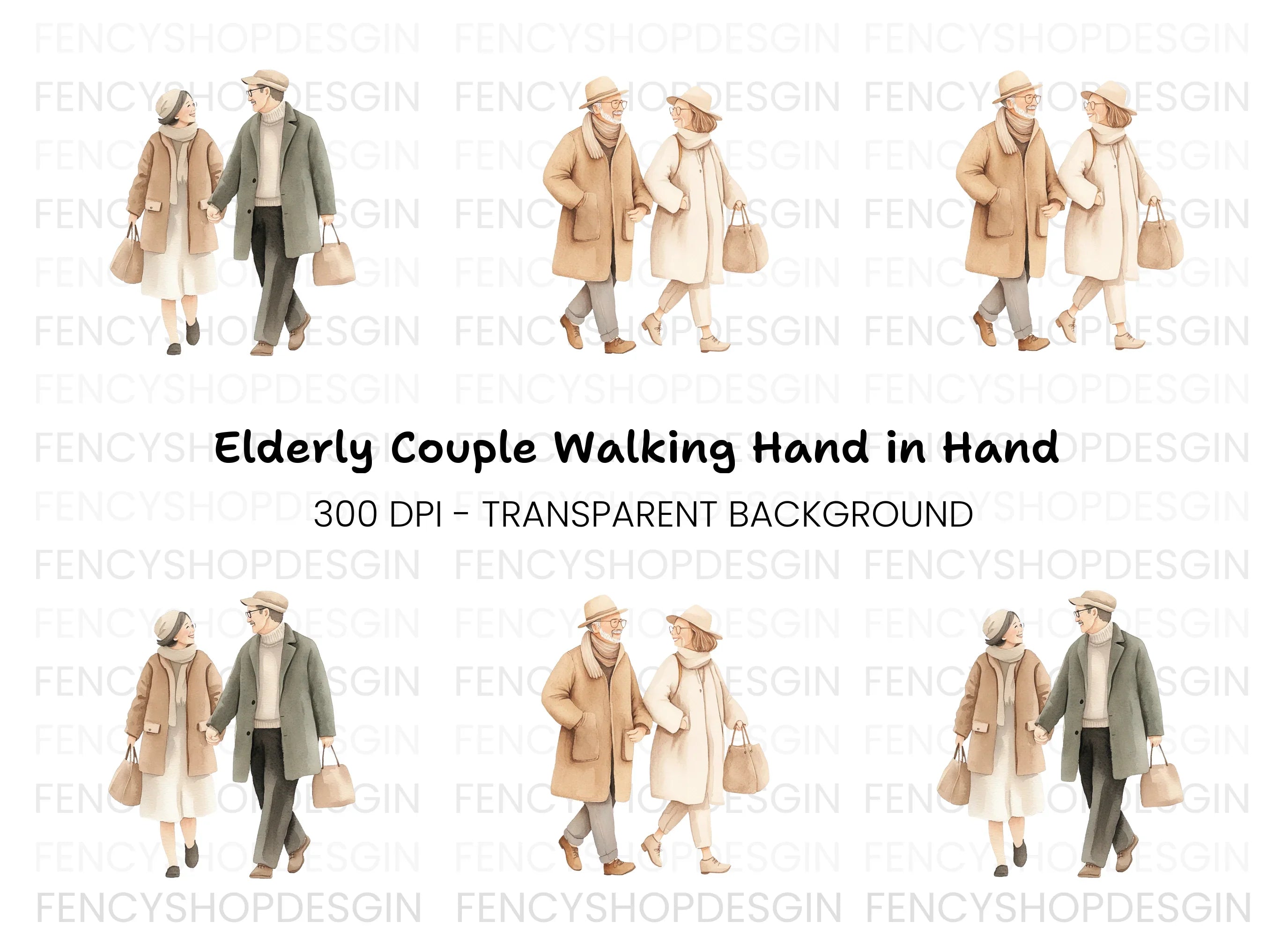 Stylish Senior Couples Walking Clipart Bundle