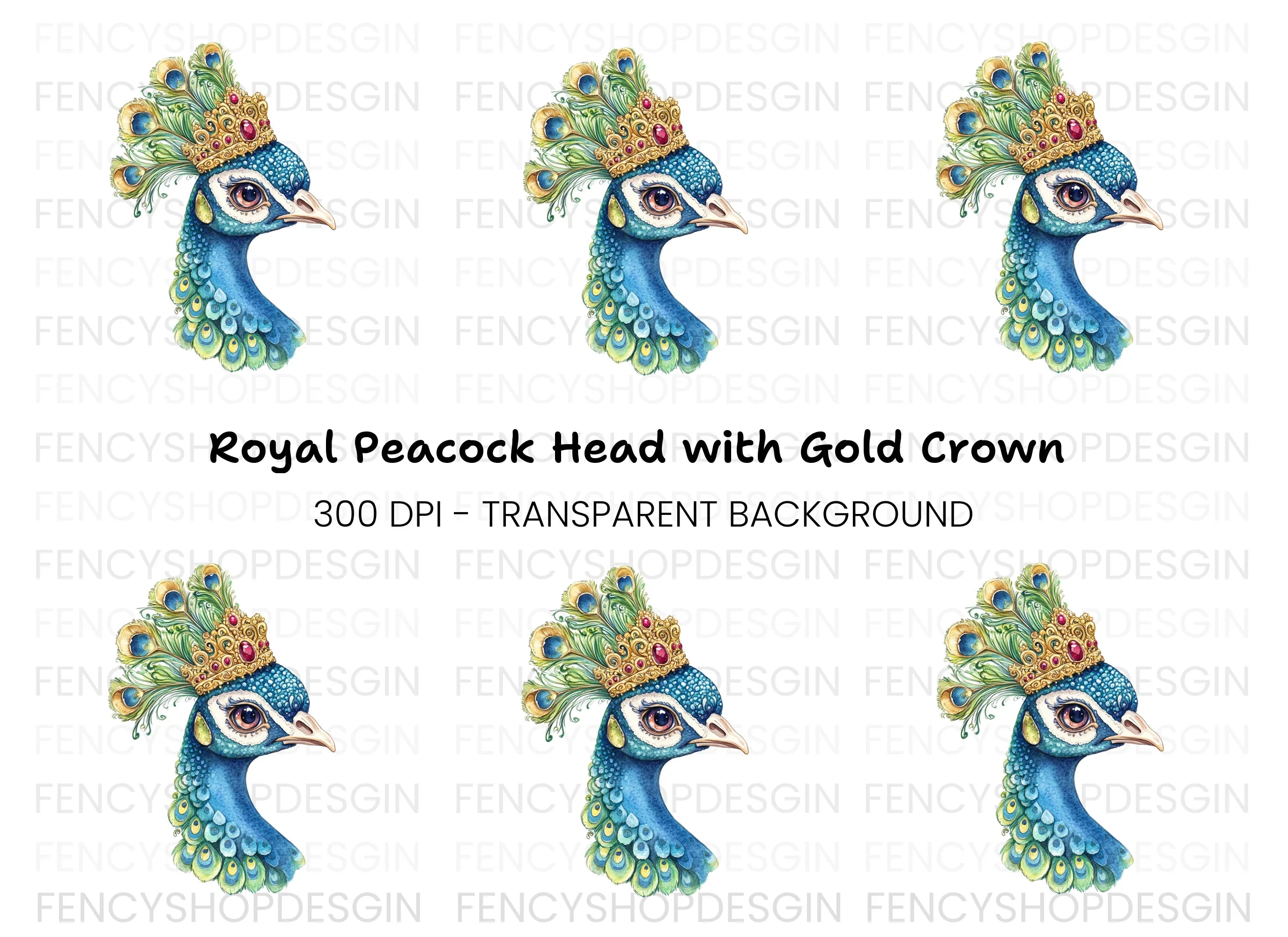Regal Peacock Head with Golden Crown Clipart Bundle