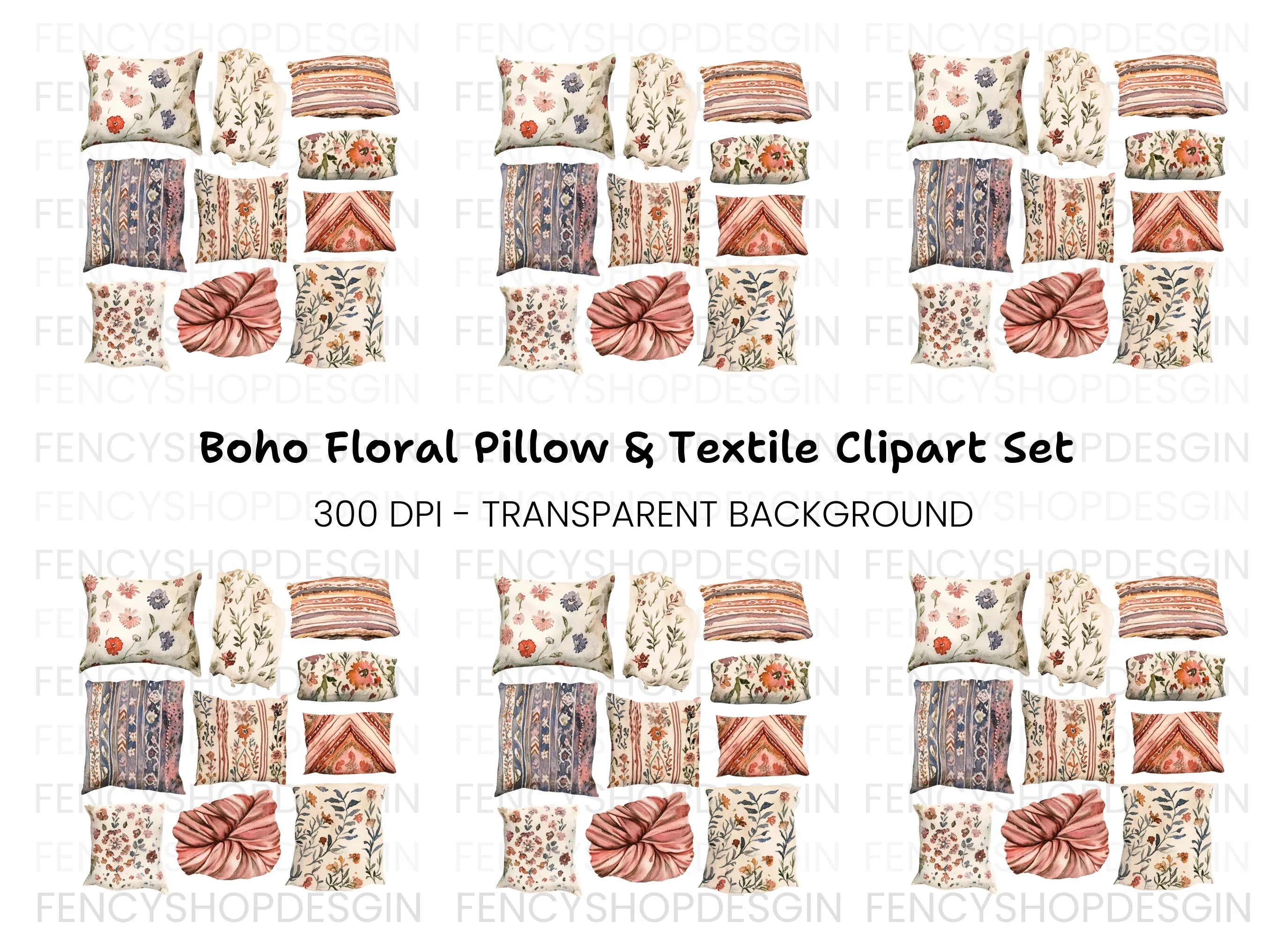 Boho Floral Pillow Clipart Bundle