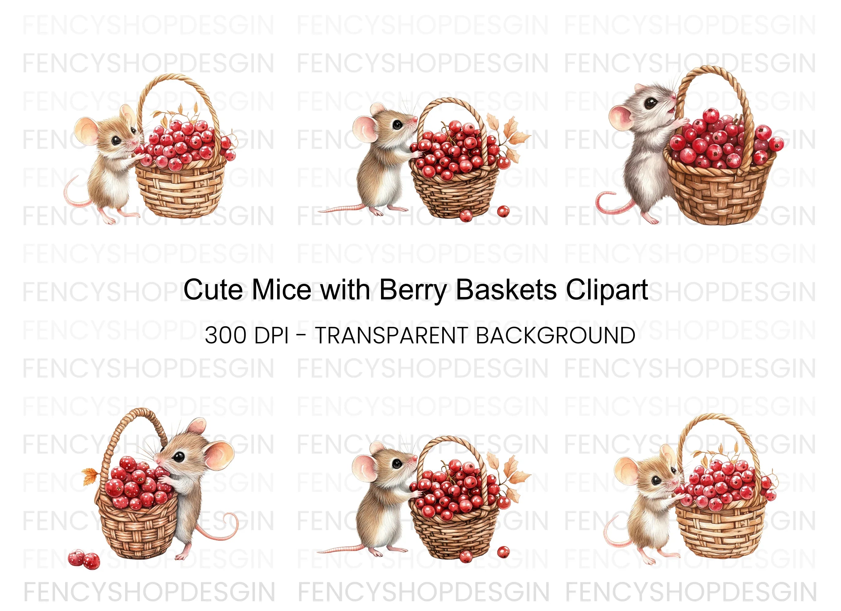 Cute Mice with Berry Baskets Clipart Bundle