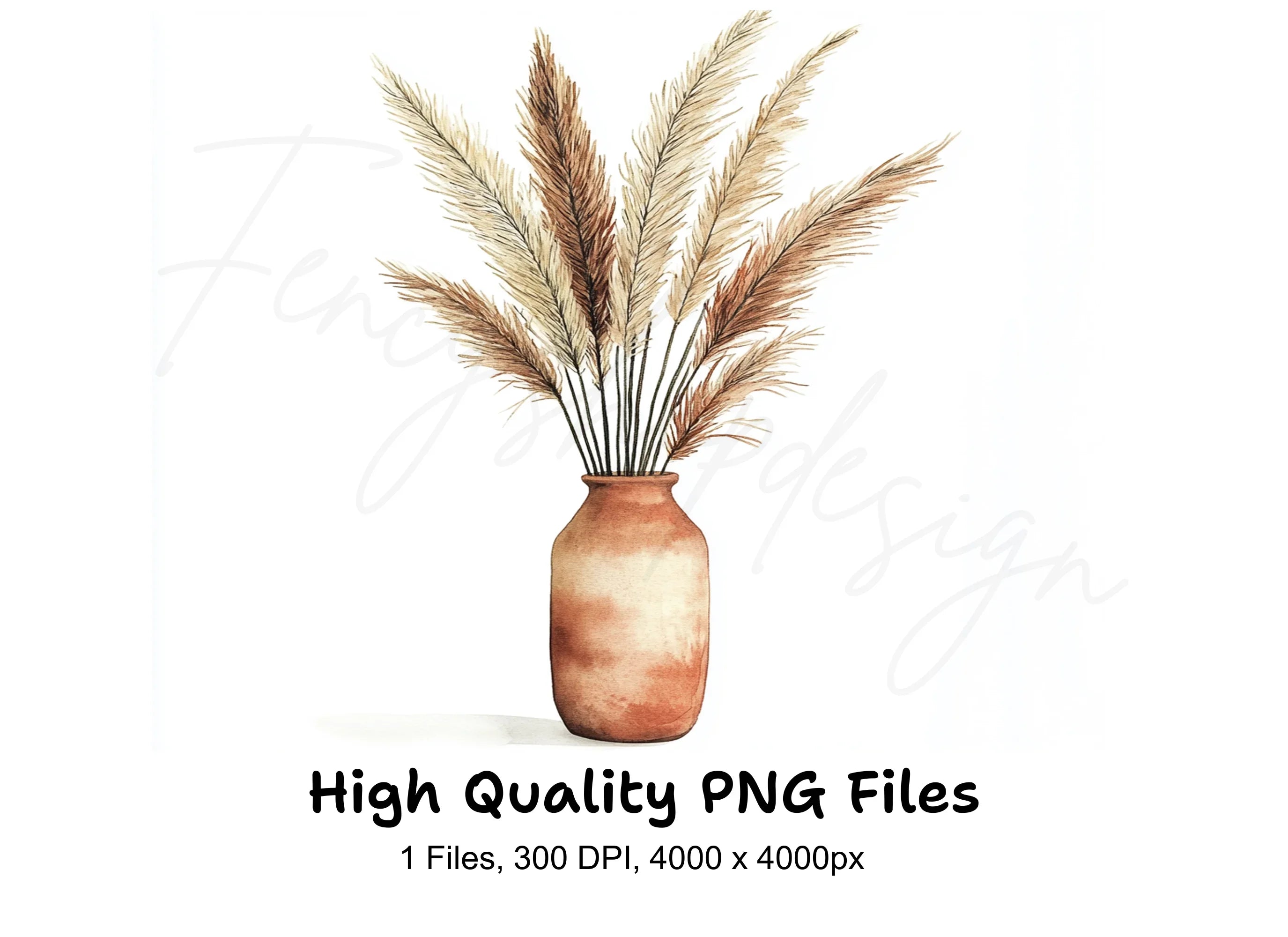 Pampas Grass in Terracotta Vase Clipart Bundle