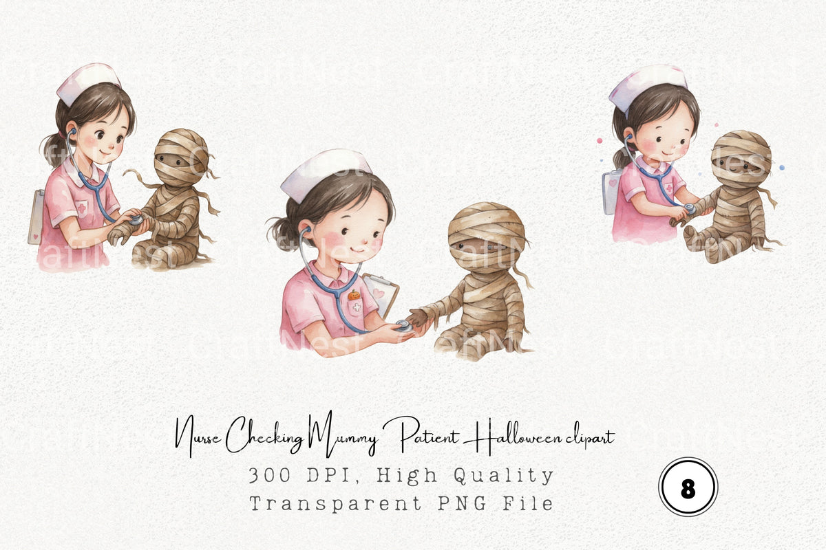 Nurse Checking Mummy Patient Halloween Clipart Bundle
