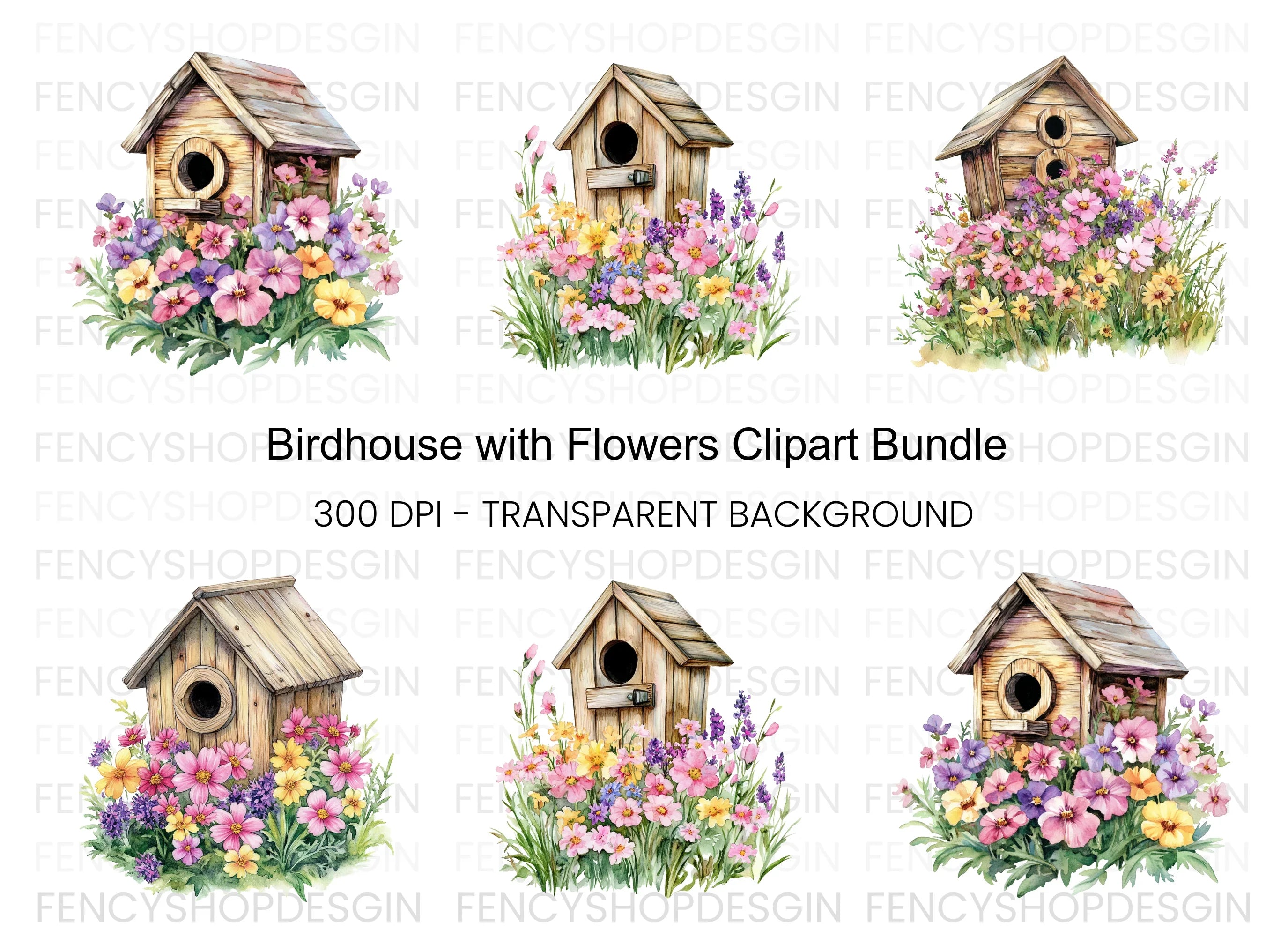 Birdhouse and Flowers Clipart Bundle