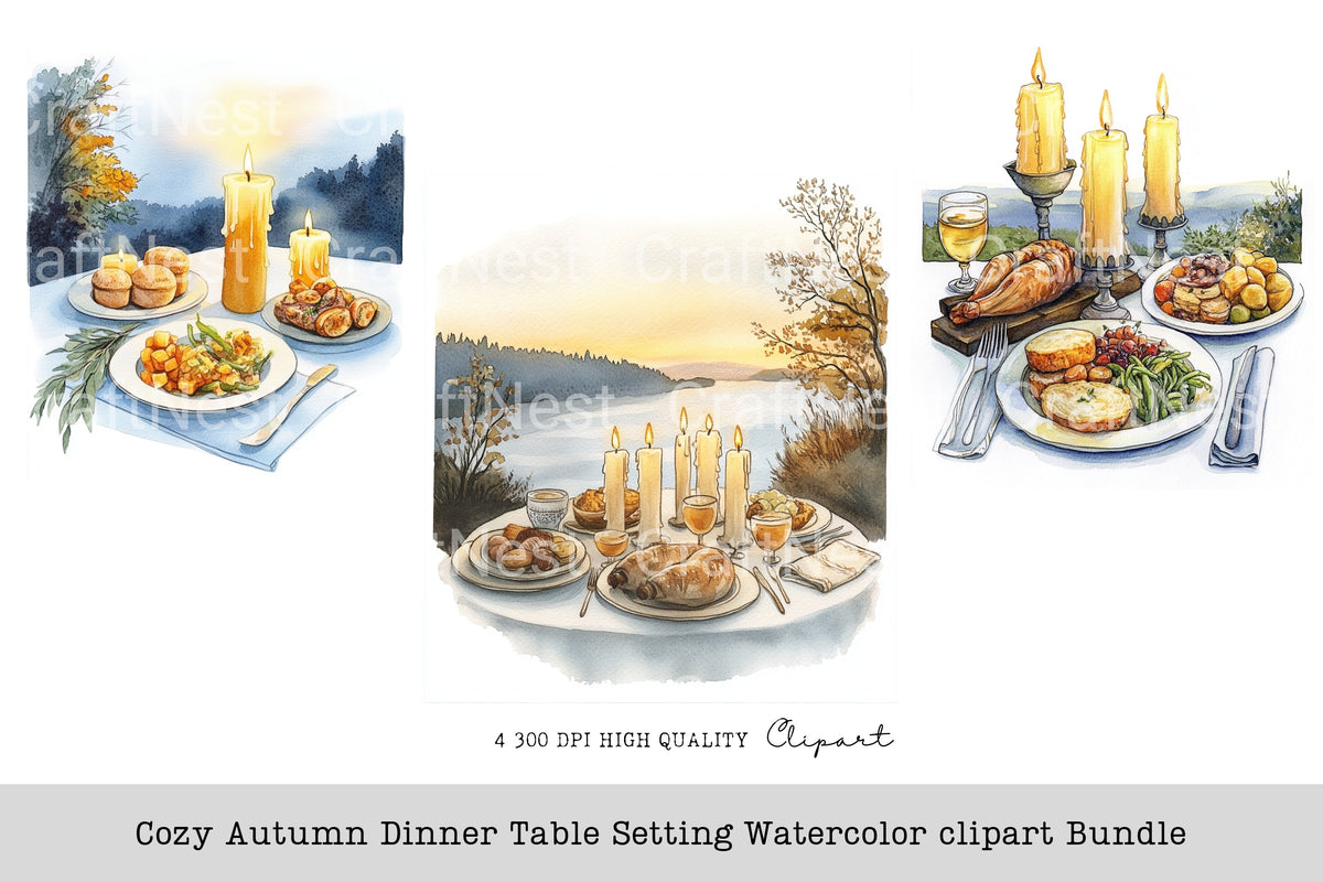 Cozy Autumn Dinner Table Setting Clipart Bundle