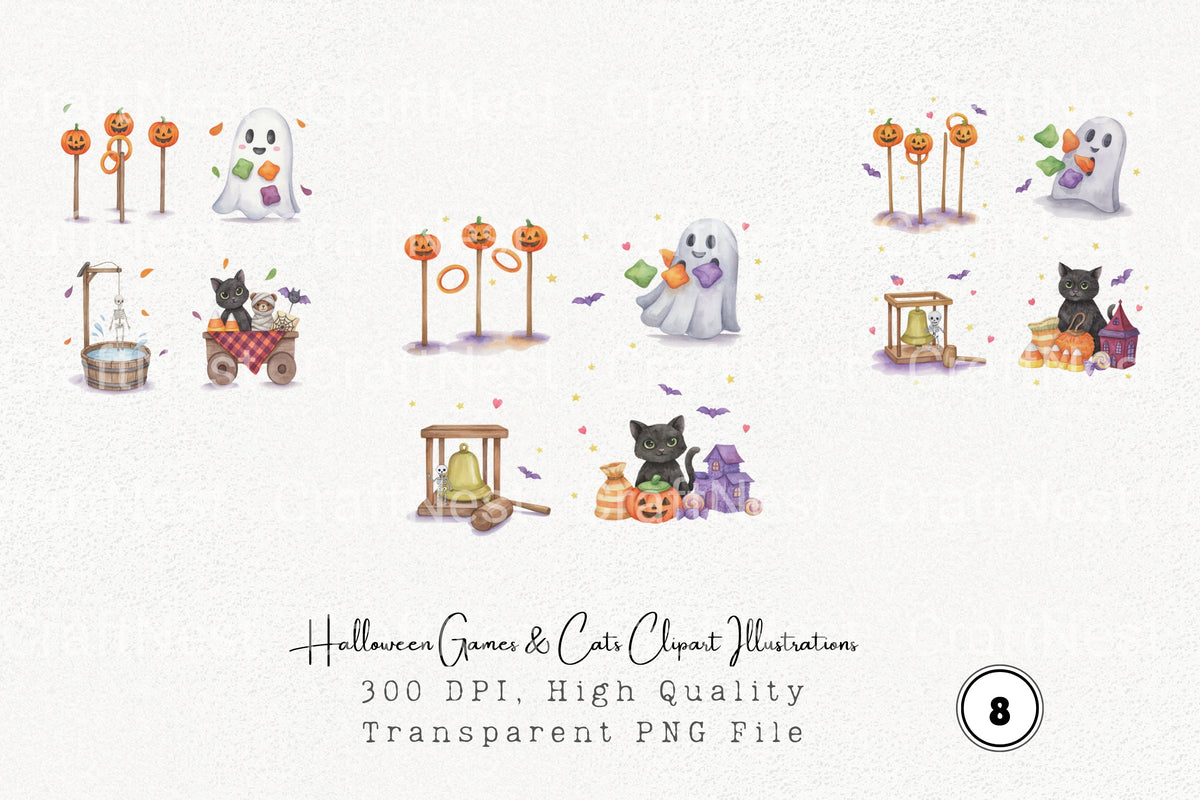 Halloween Games Cats Illustrations Clipart Bundle