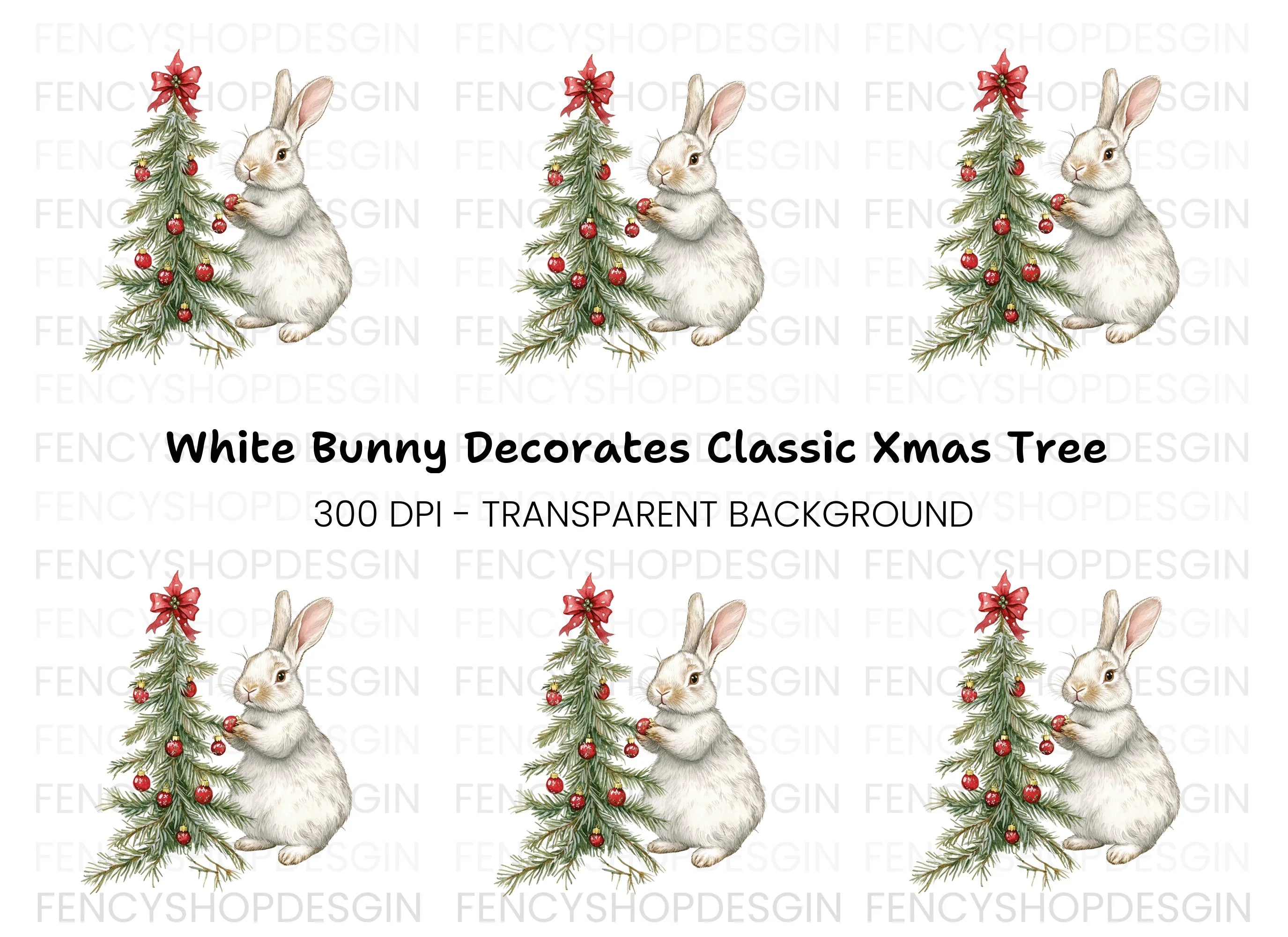 Cute Bunny Decorating Christmas Tree Clipart Bundle