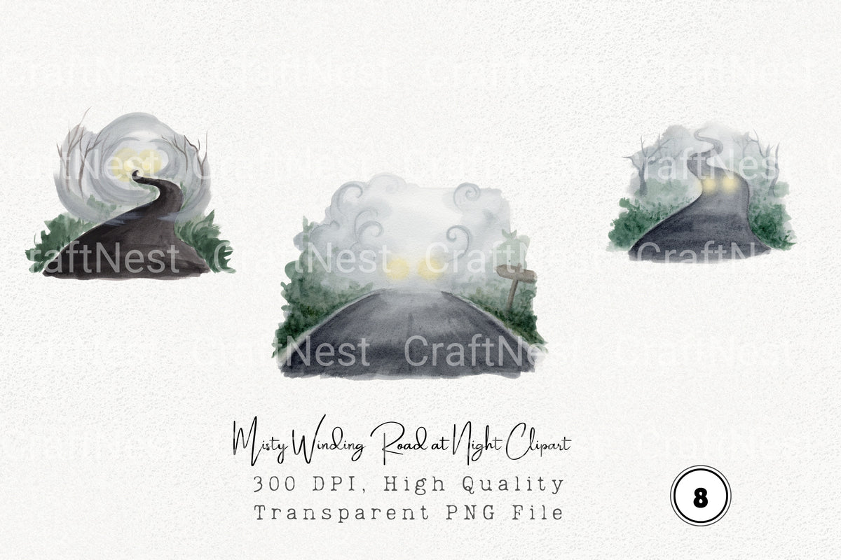 Misty Winding Road At Night Clipart Bundle