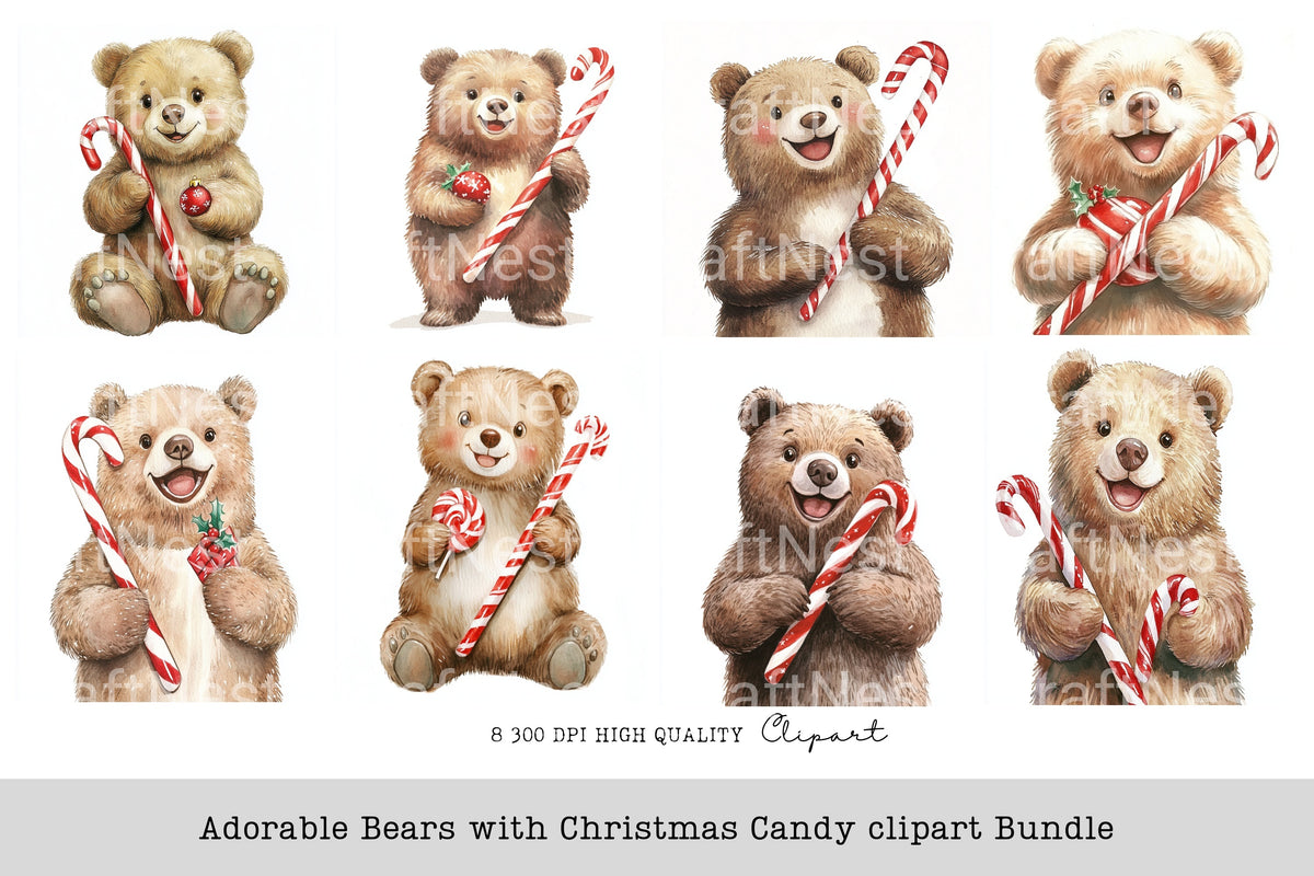 Adorable Bears With Christmas Candy Clipart Bundle