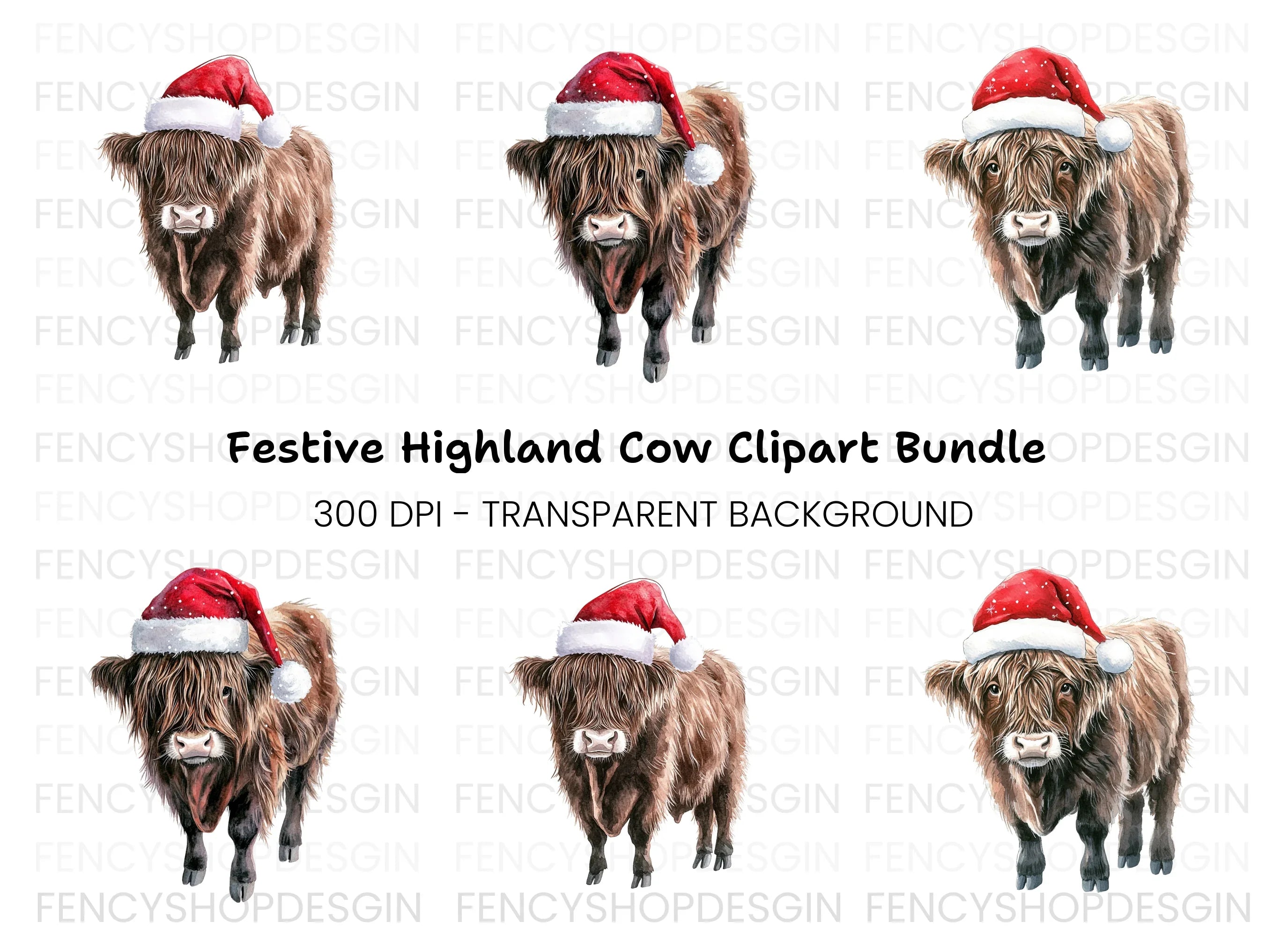 Highland Cows in Santa Hats Clipart Bundle
