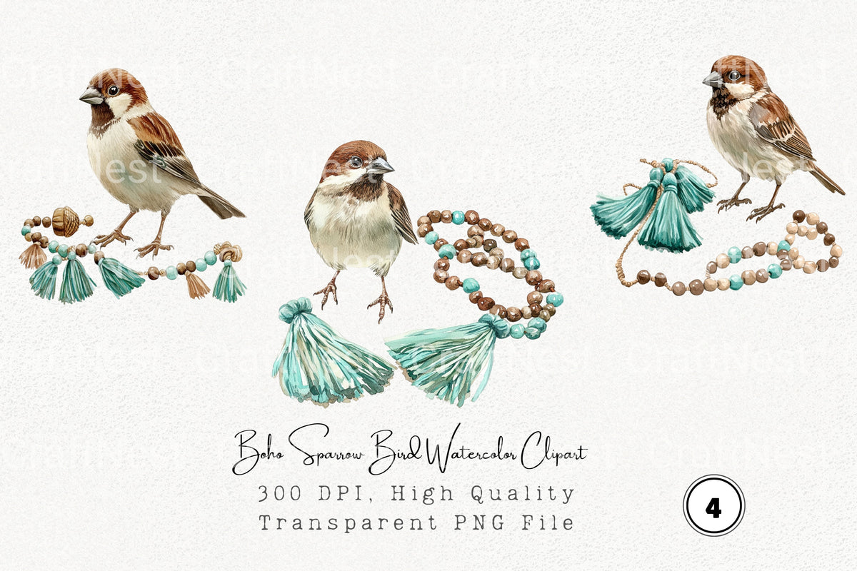 Boho Sparrow Bird Clipart Bundle